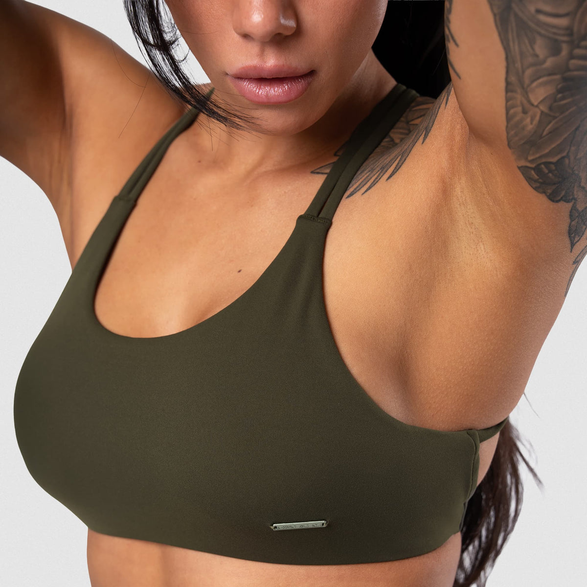 Axis Open Back Bra - OD Green neckline and strap detail