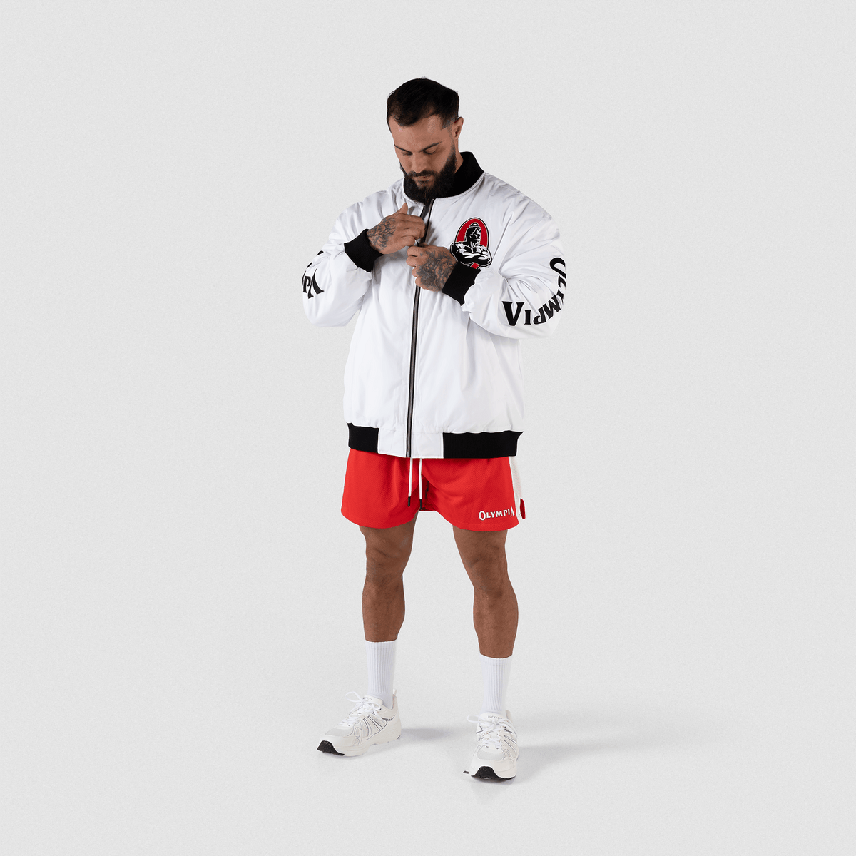 11. Olympia Signature Bomber Jacket in White – On Model, Full Body Front View