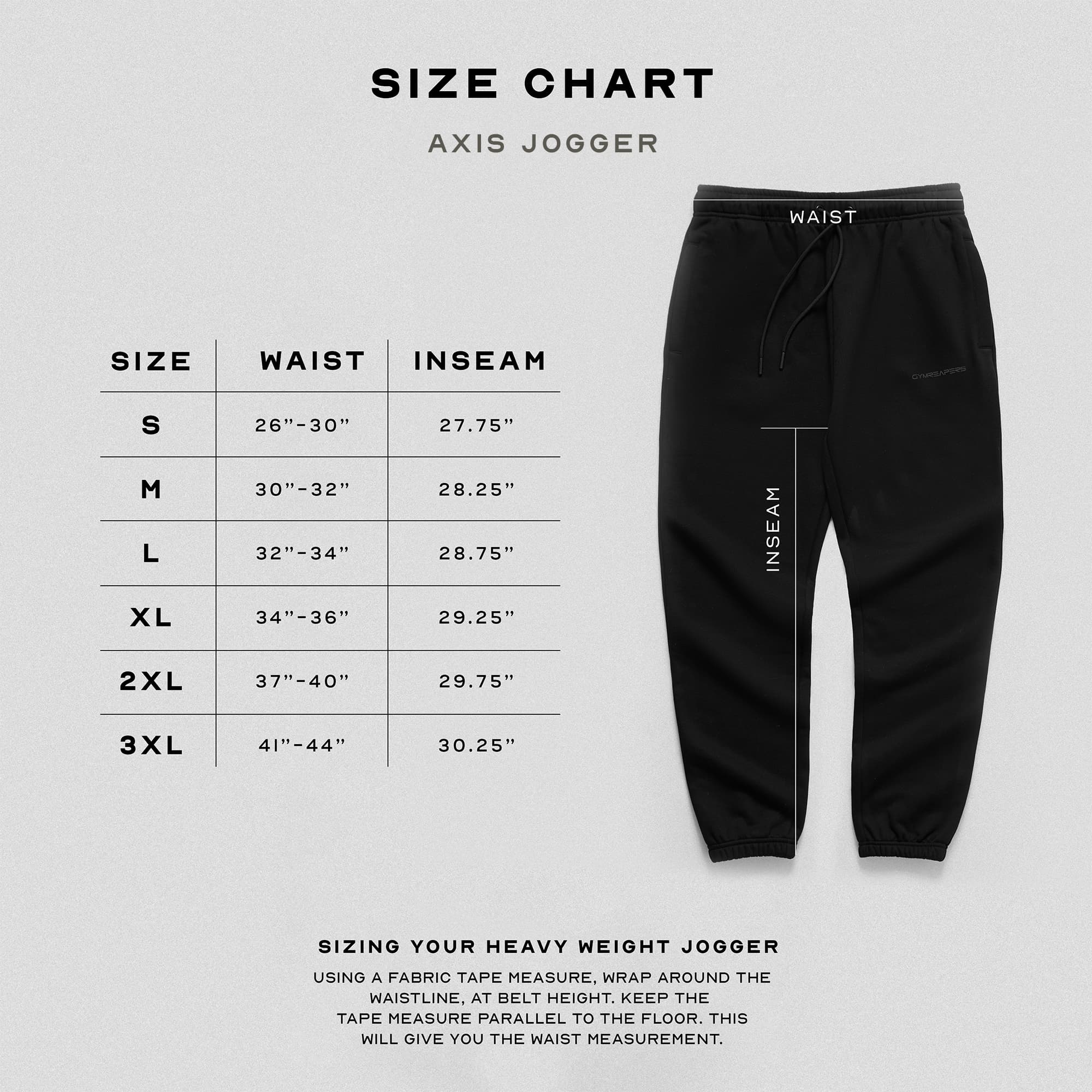axis joggers size chart
