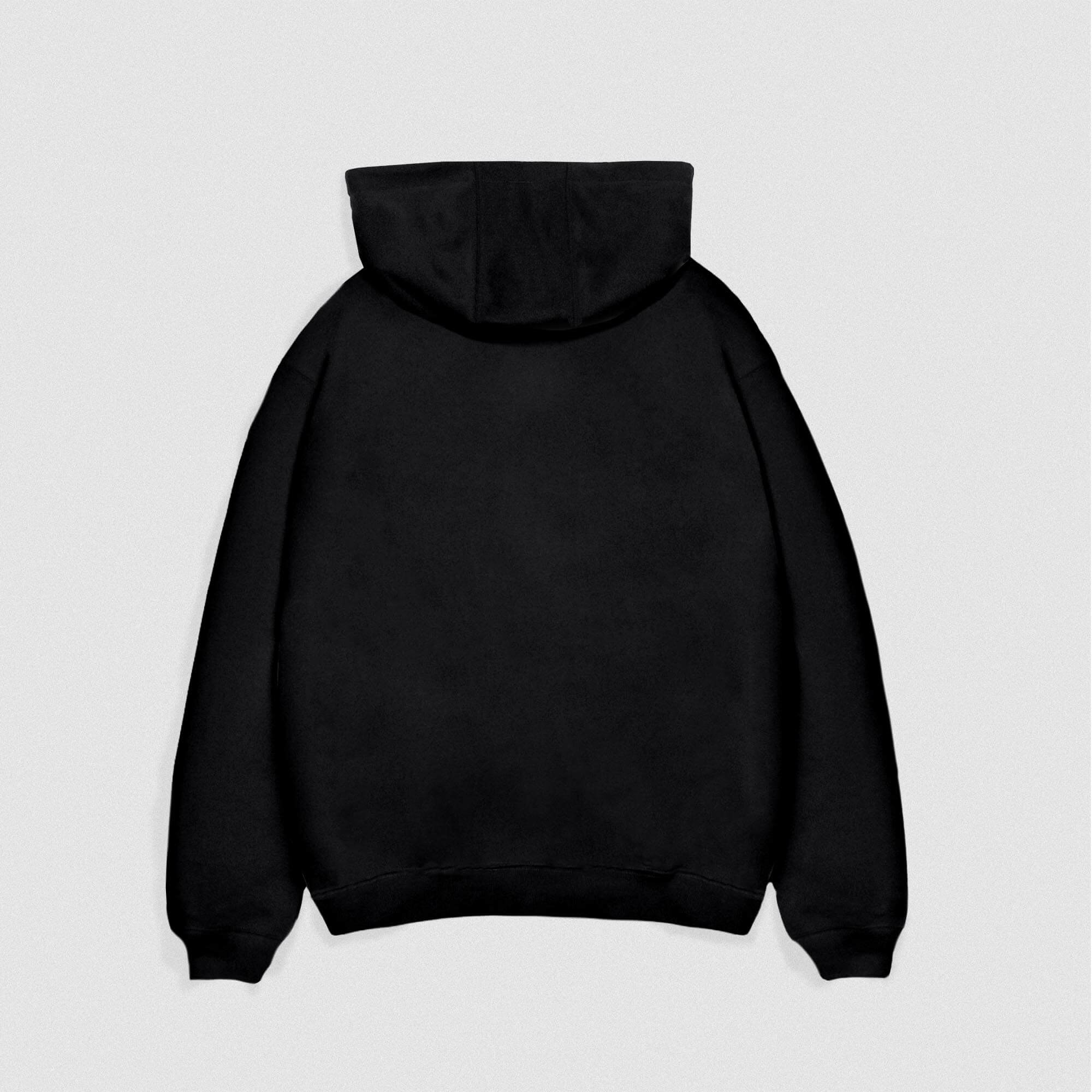Black Heavyweight Hoodie lay flat back view