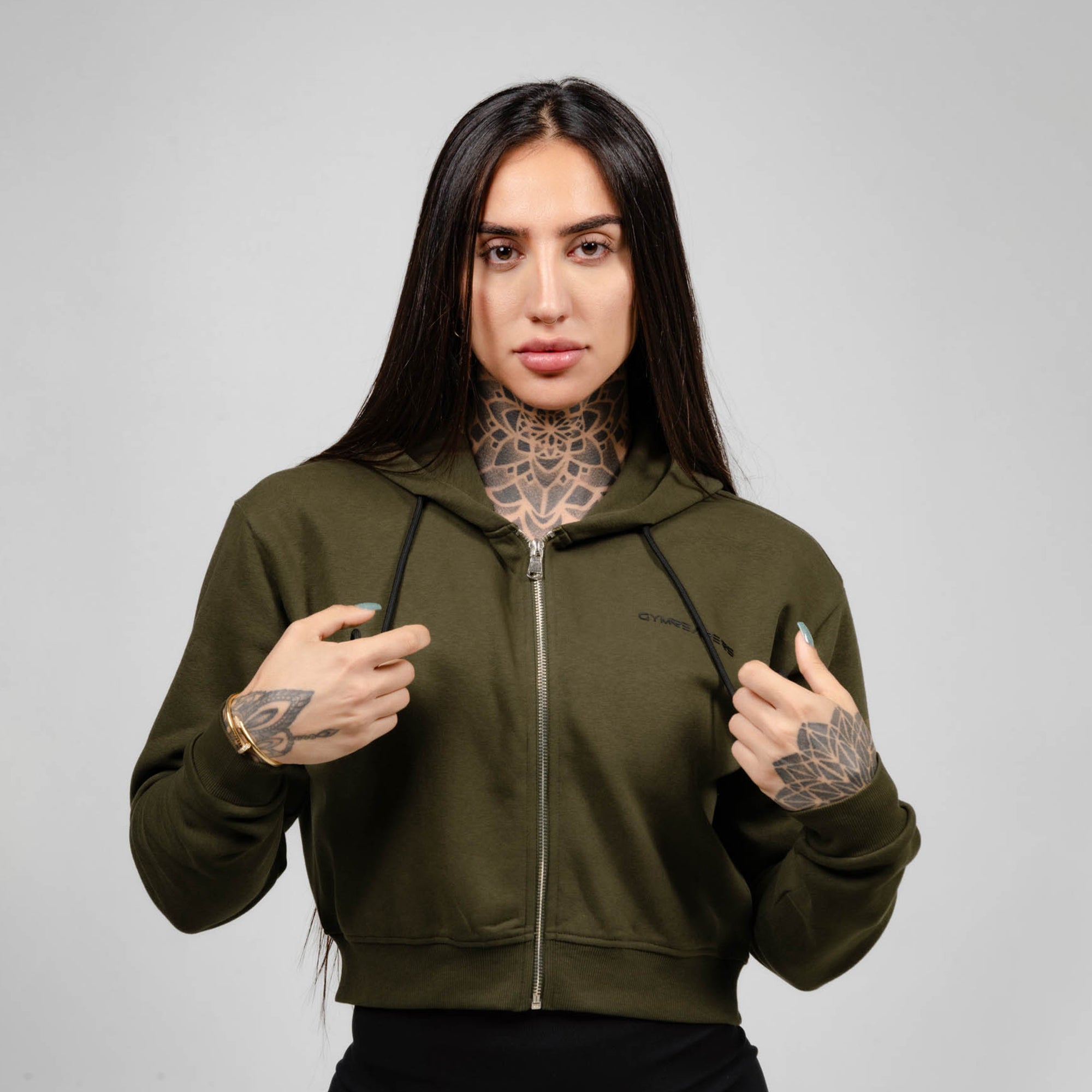 Cropped Zip Up Hoodie OD Green Black