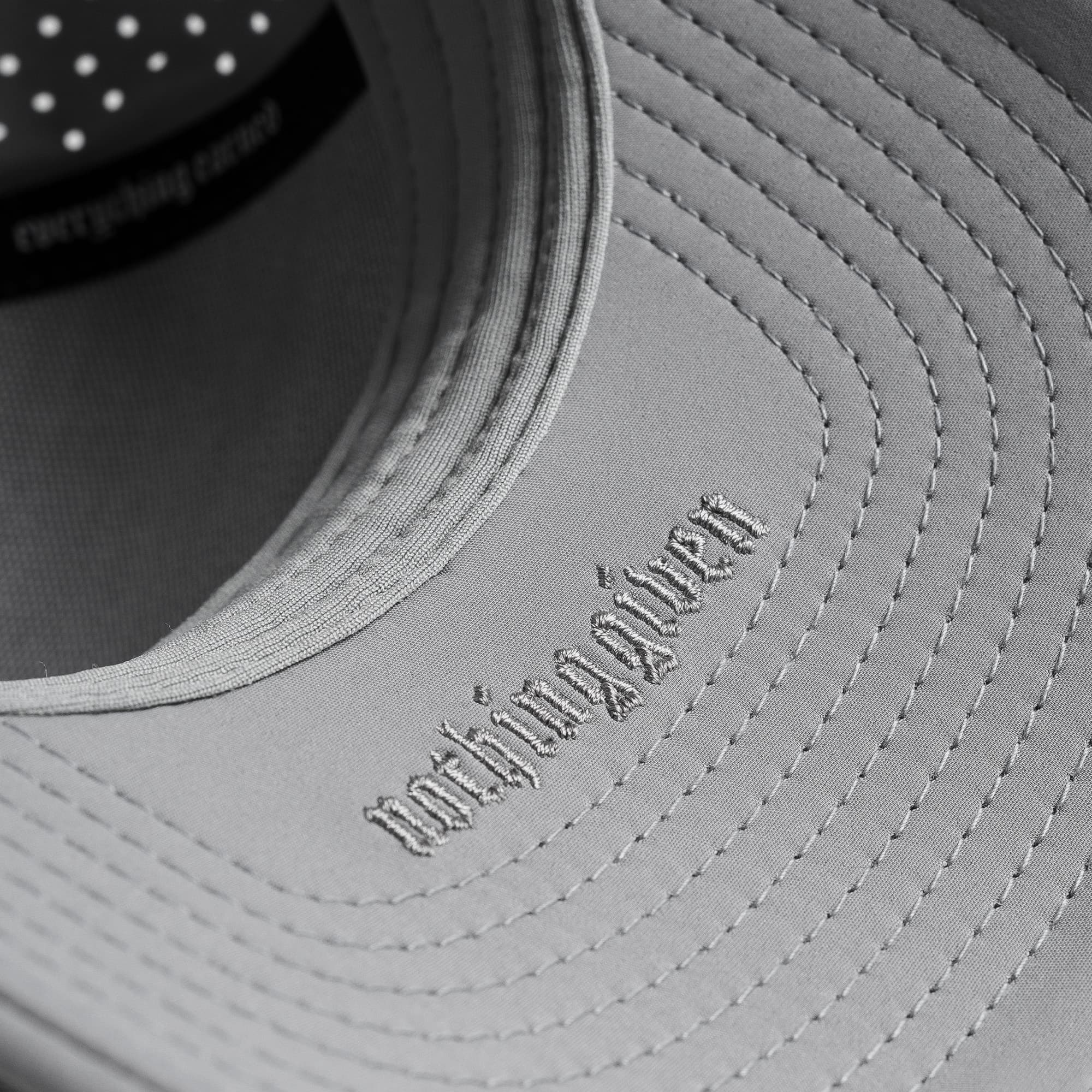 Hybrid Performance 5-Panel Hat - Gray/White detail shot of inside logo