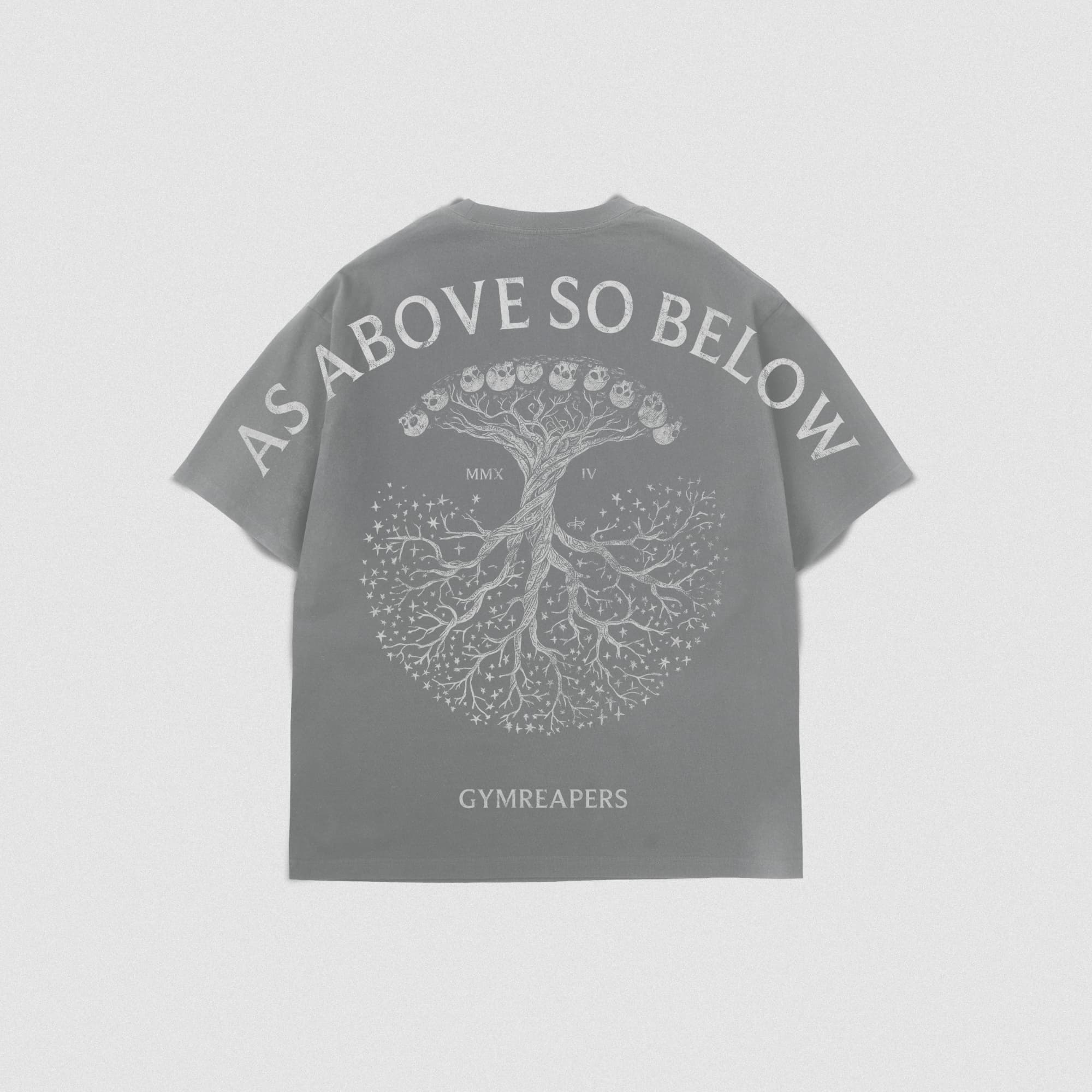 Back view of the Reflection Graphic Tee featuring the “As Above So Below” arched text and symbolic tree graphic.