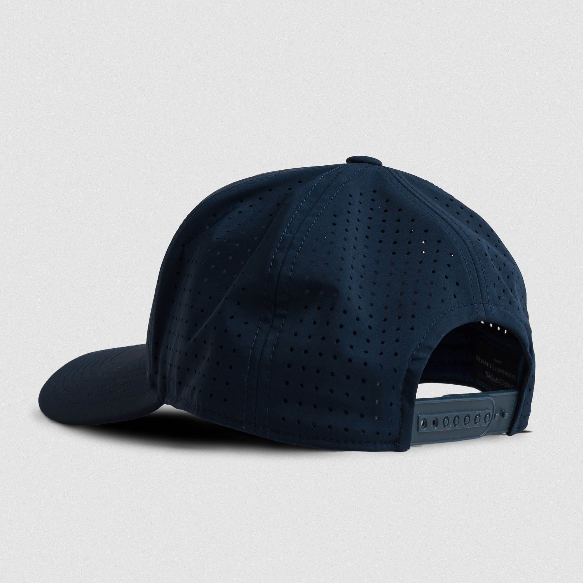 Hybrid Performance 5-Panel Hat - Navy/White lay flat back view