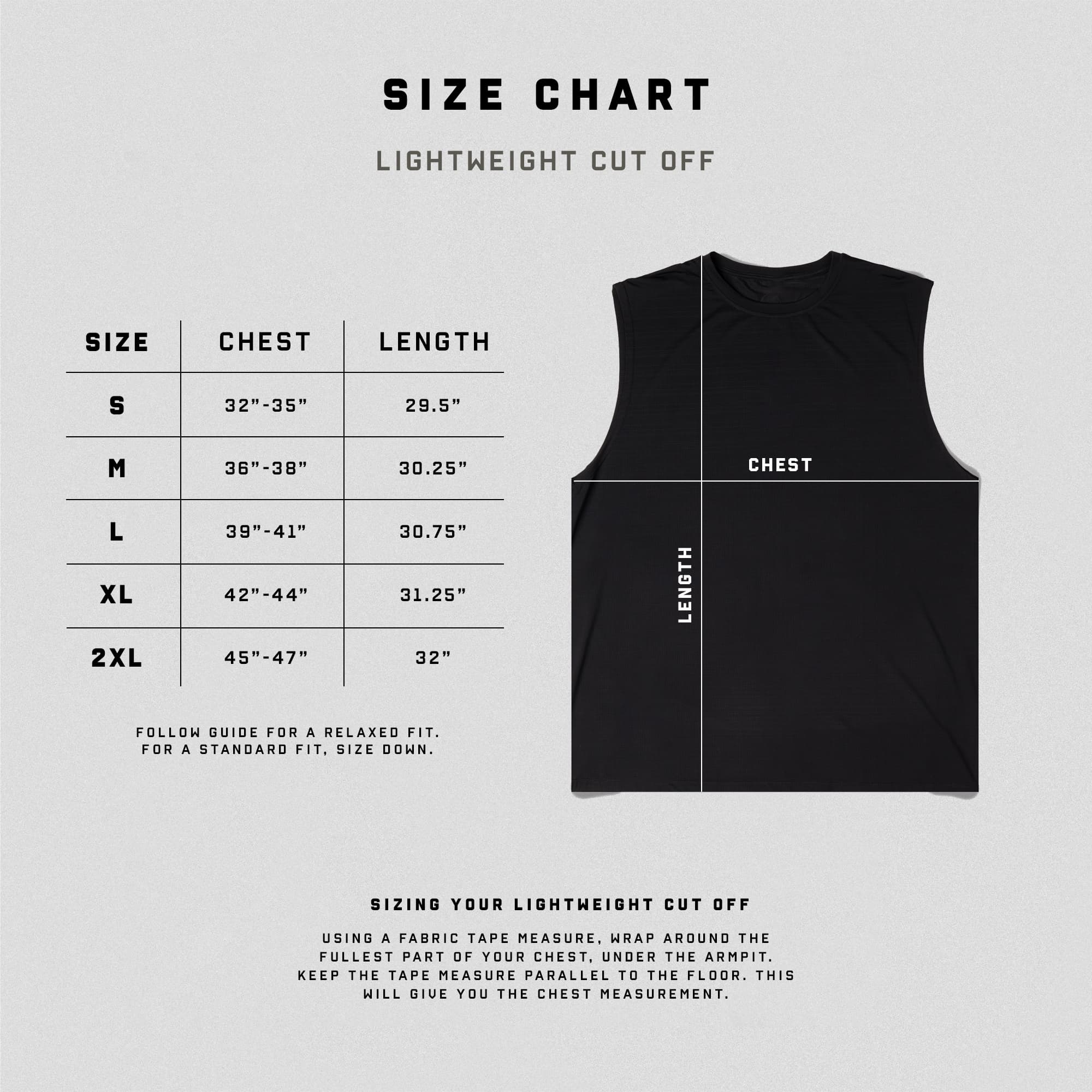 lightweight cut off size chart