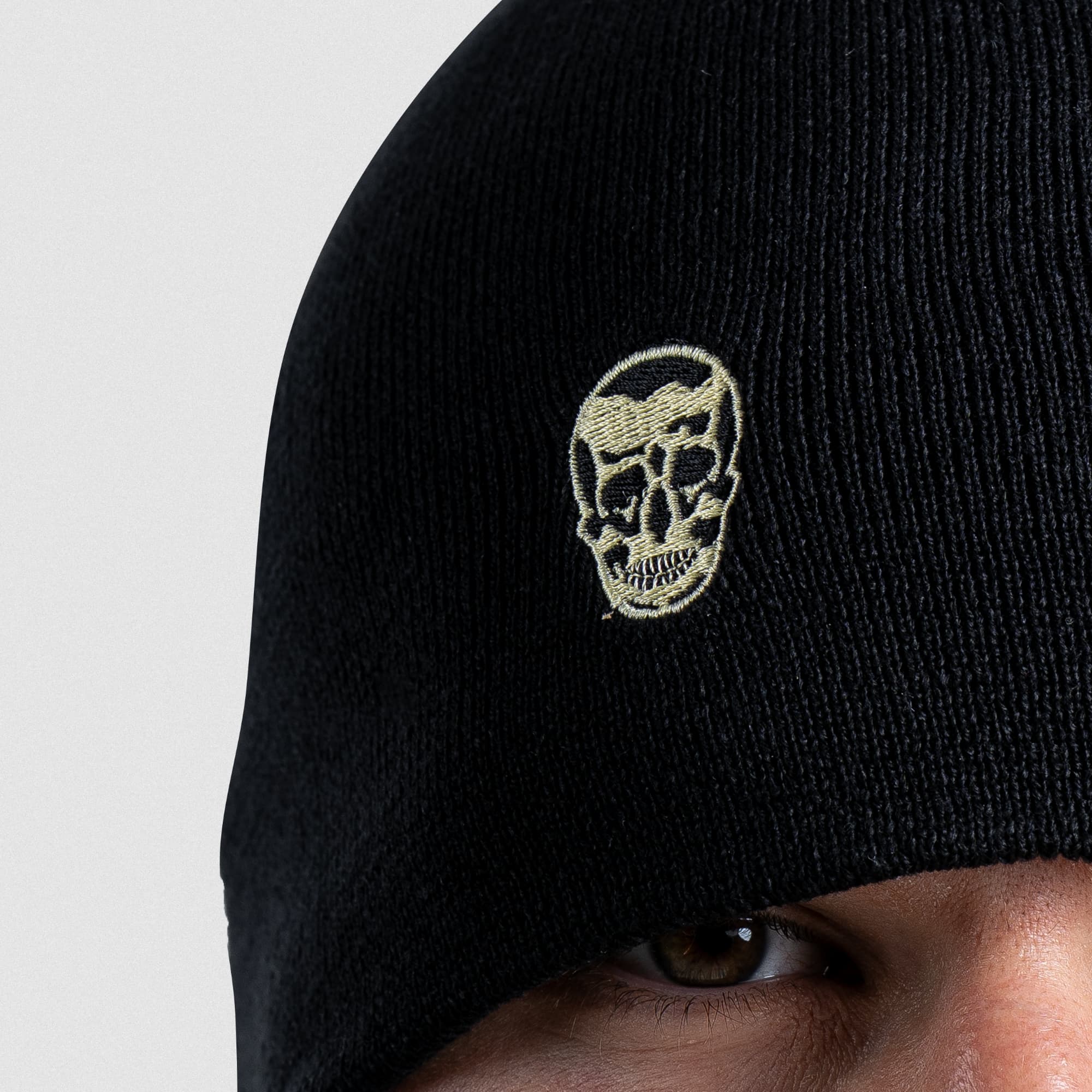 Master the Soul Gymreapers beanie macro detail of skull embroidery