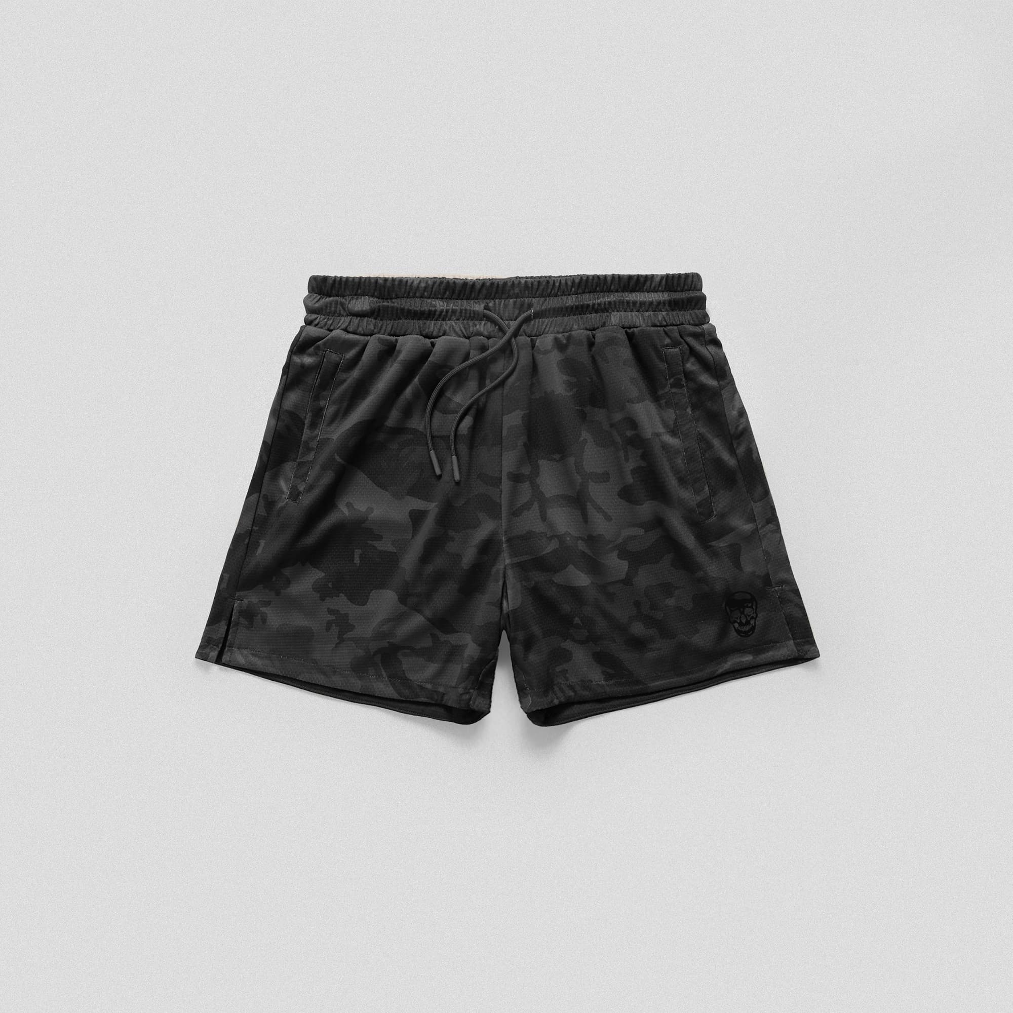 Black Camo Core Skull Mesh Training Shorts lay flat front side