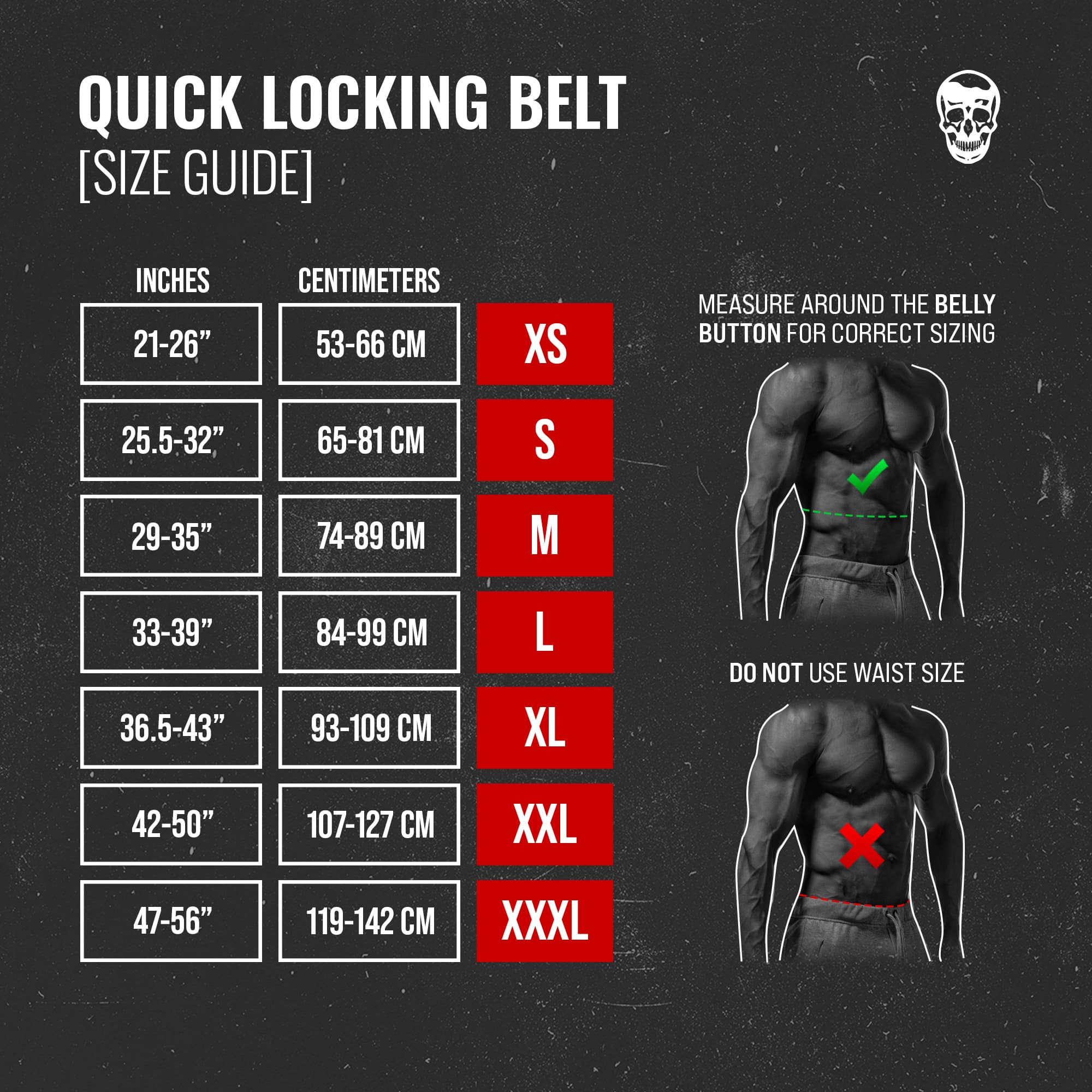 quick locking belt size chart