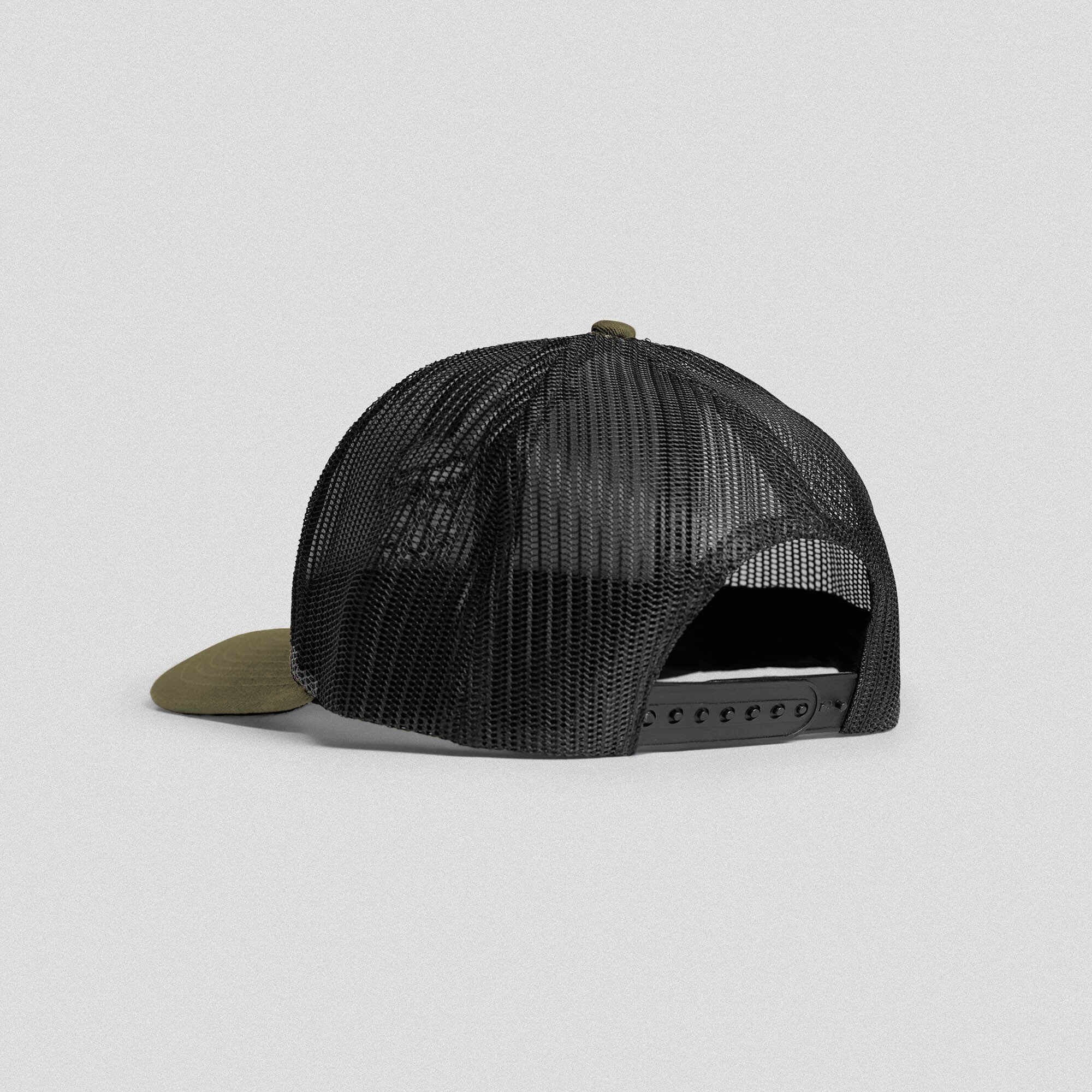 Back view of Gymreapers olive trucker hat highlighting mesh and snapback