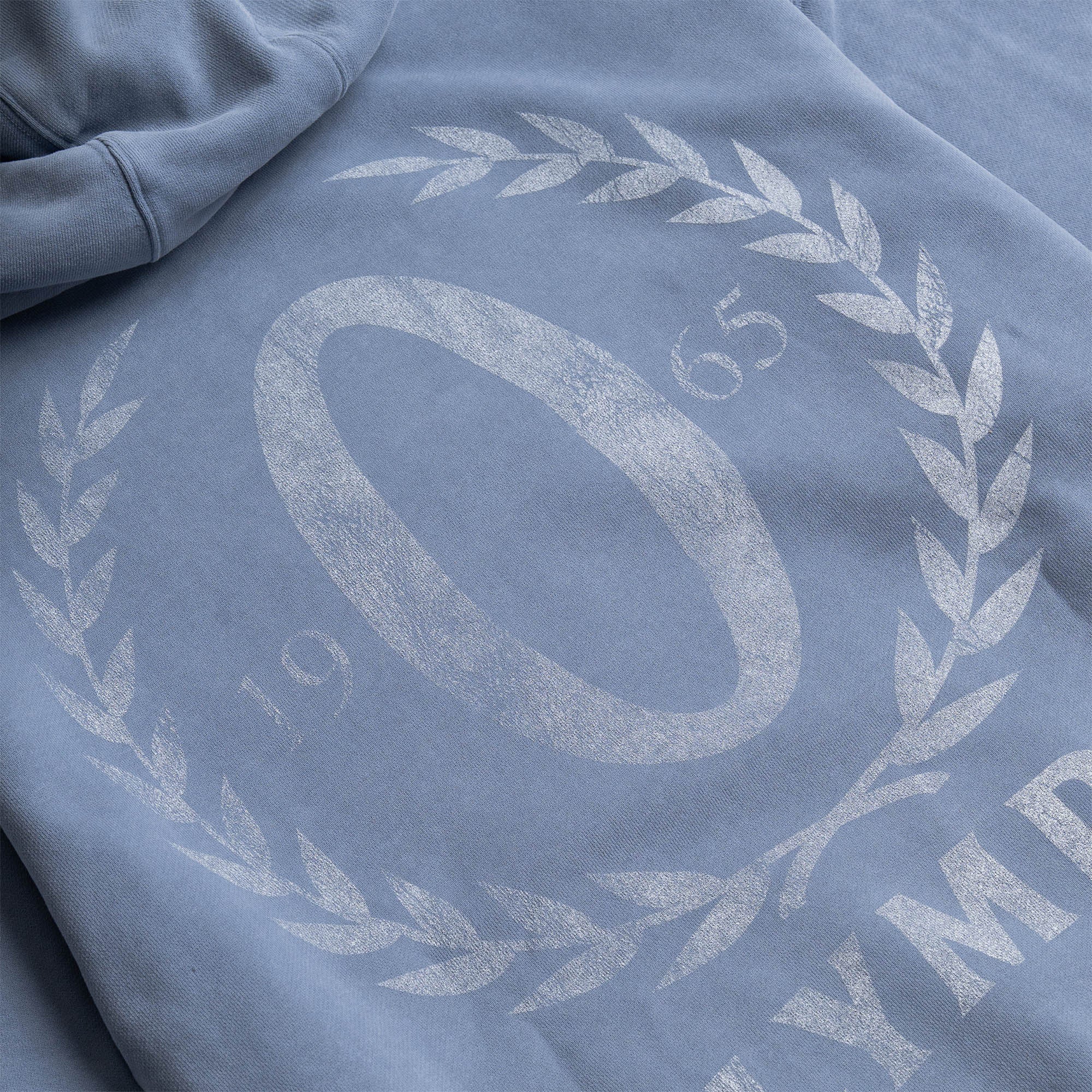 Close-up of the pale blue hoodie’s back graphic showing the distressed "O" with laurel wreath print.