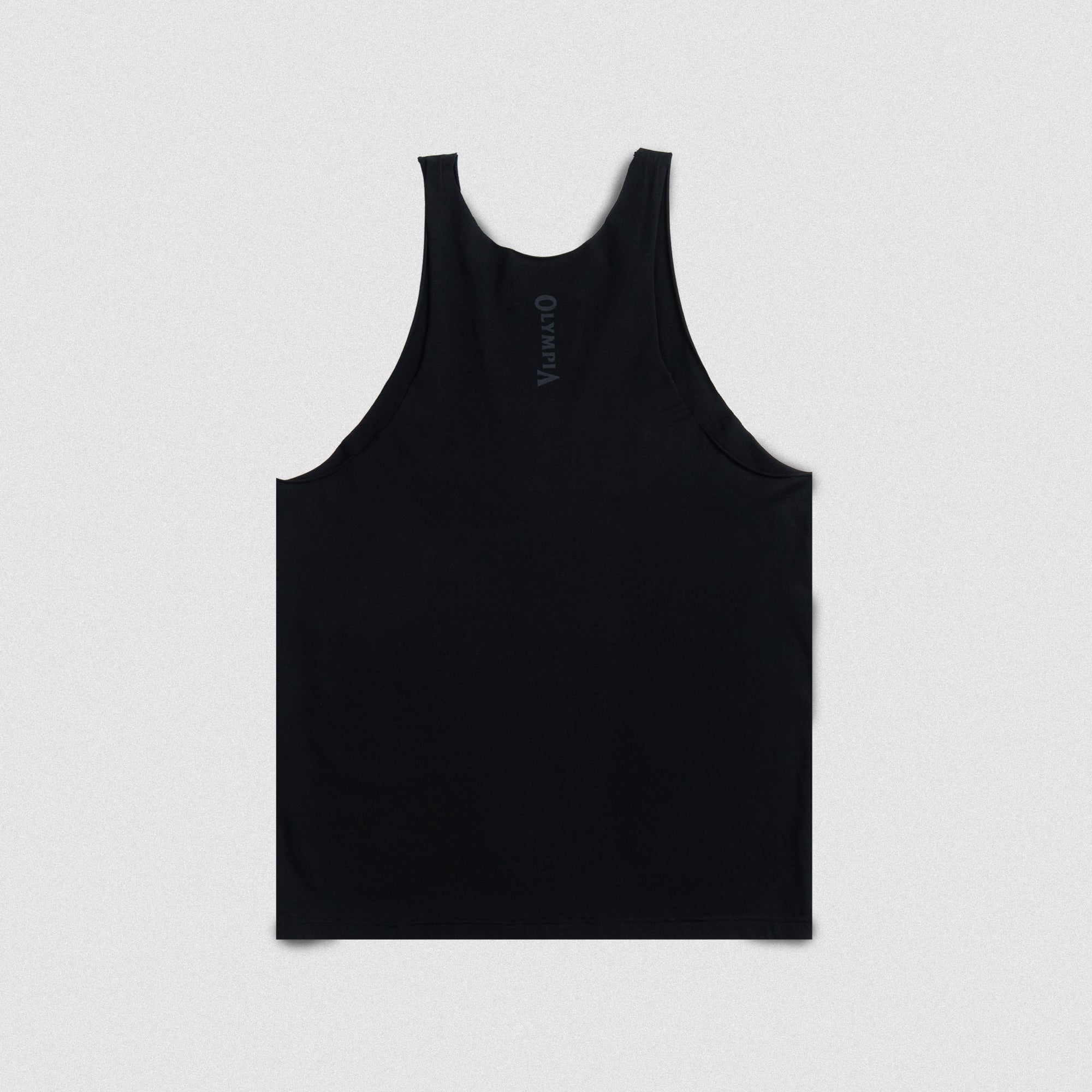 Black Raw Hem Olympia Stringer laid flat showing back with vertical “Olympia” logo at upper back.