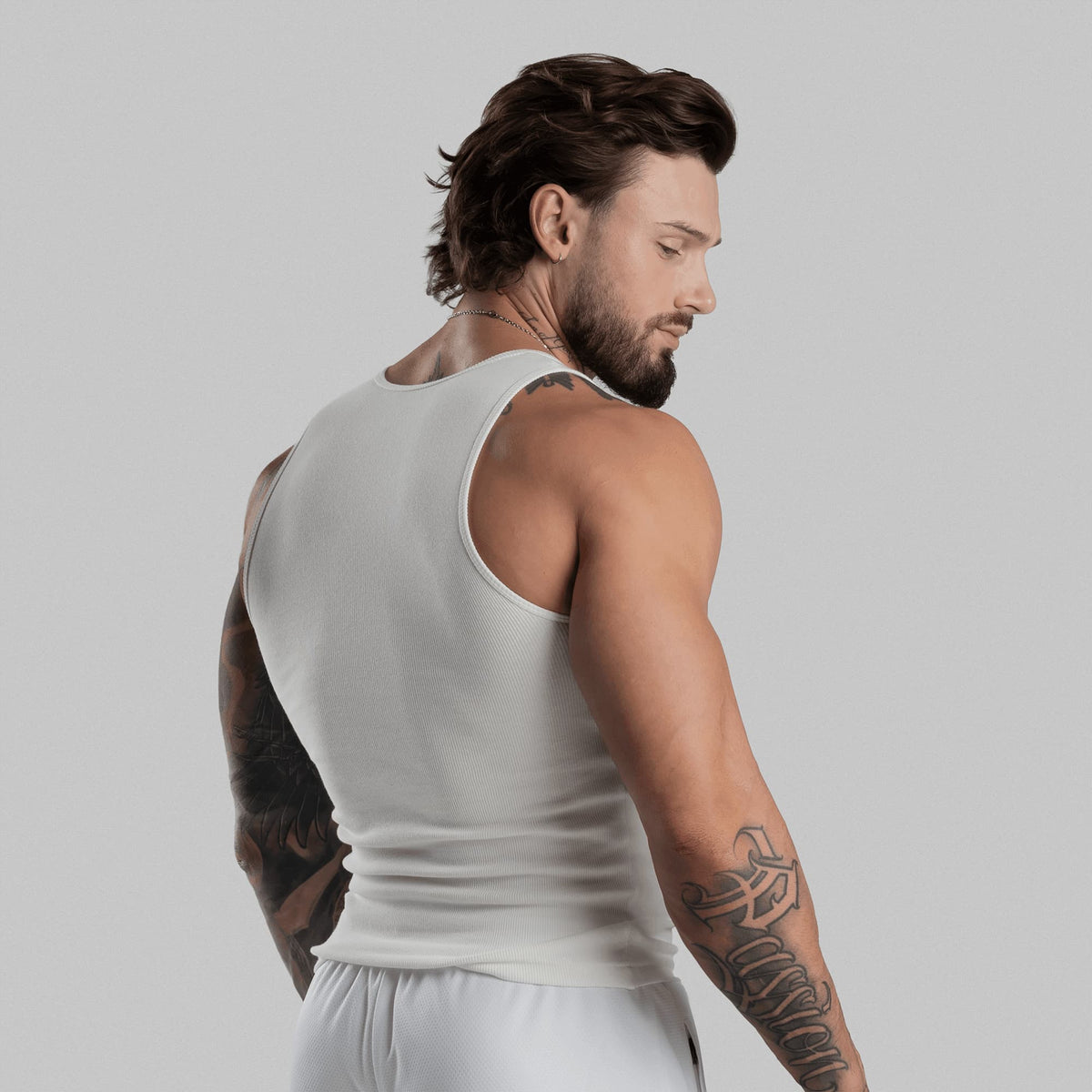 Men's Ribbed Tank 3-Pack in White – Back View, Torso