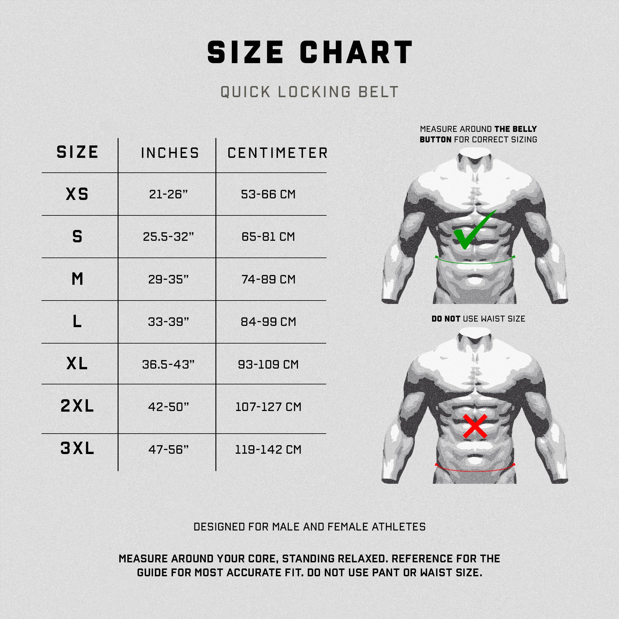 Size chart for quick locking belt with description on how to measure