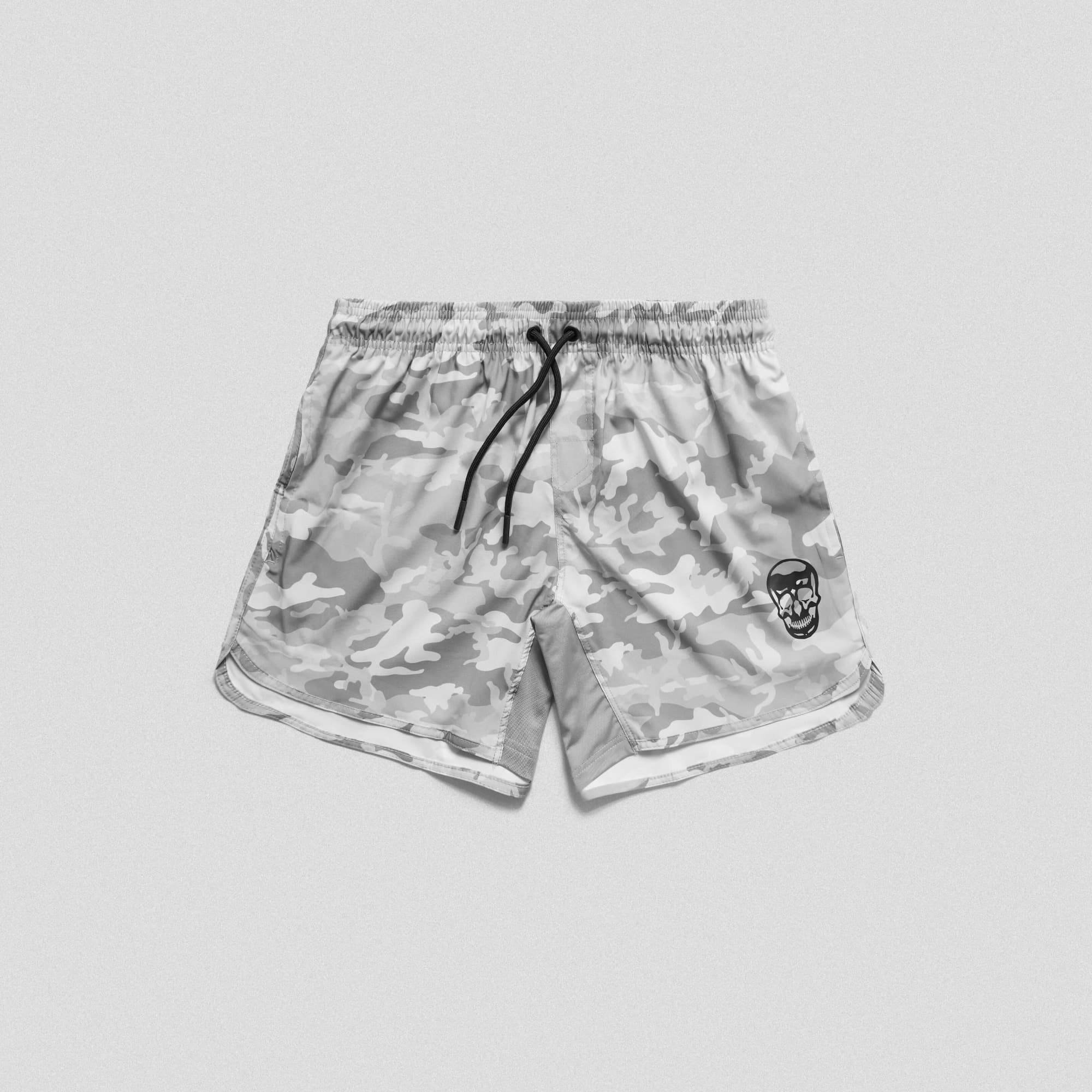 white camo training shorts lay flat