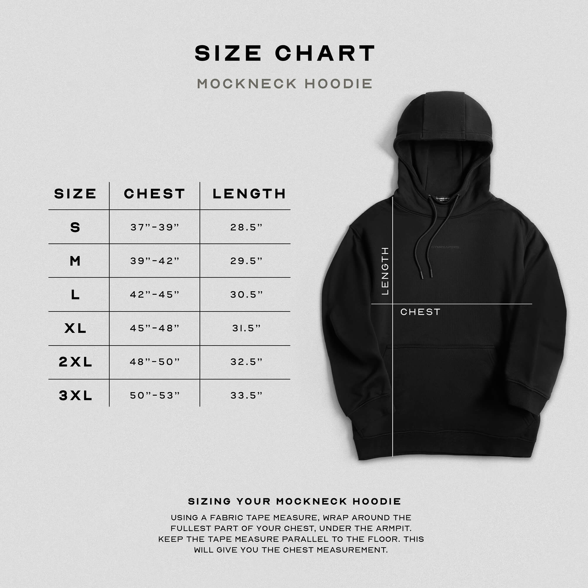 axis mockneck hoodie black size guide