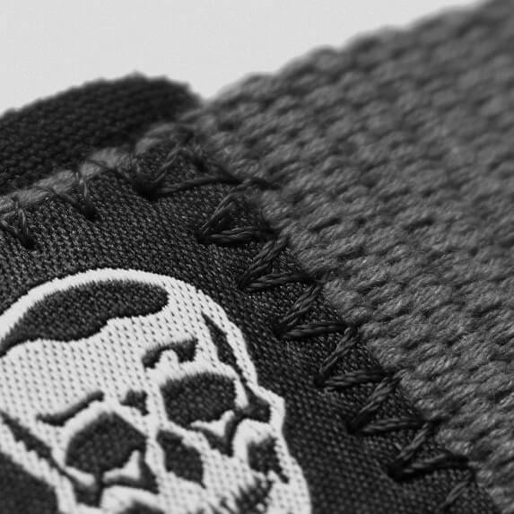 gray lifting straps skull close up