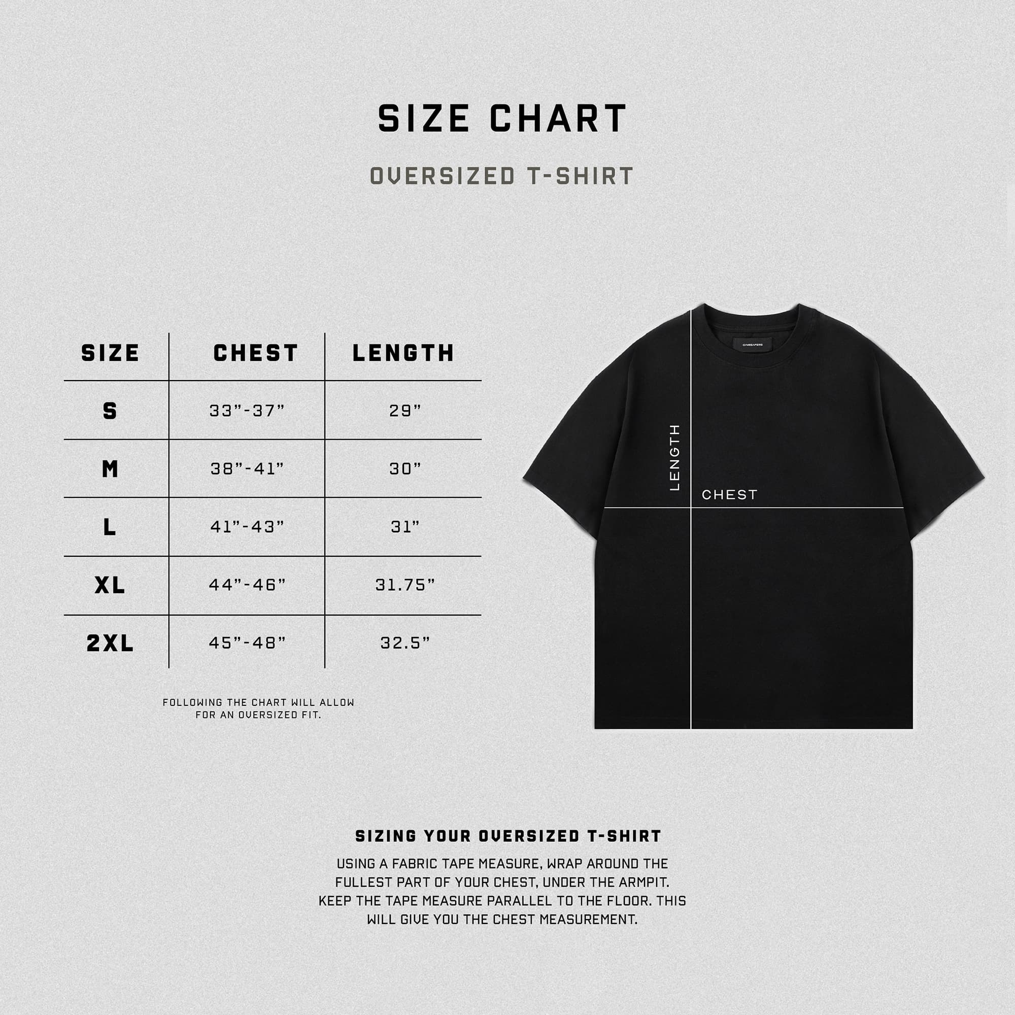 oversized t-shirt size chart