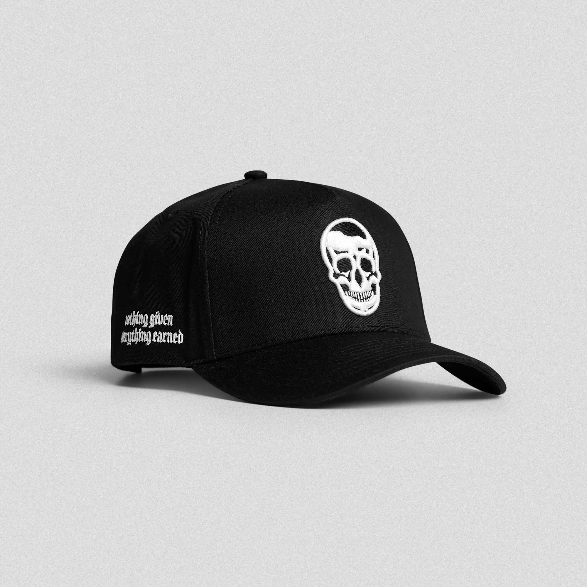 5 panel skull hat black white front