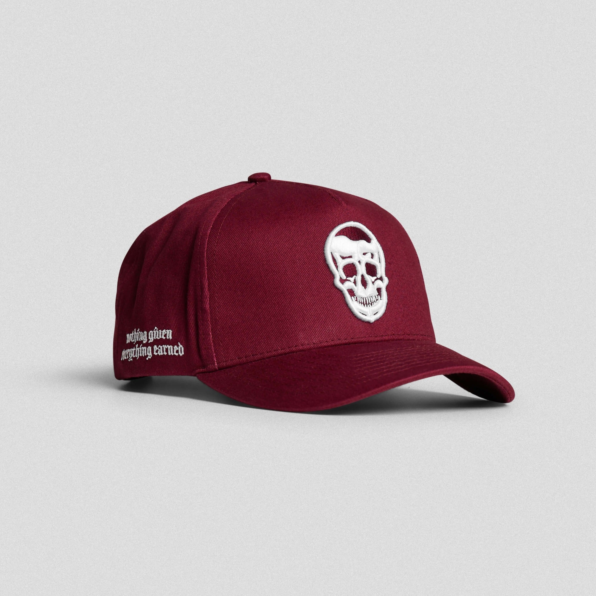 5 panel skull hat burgundy front