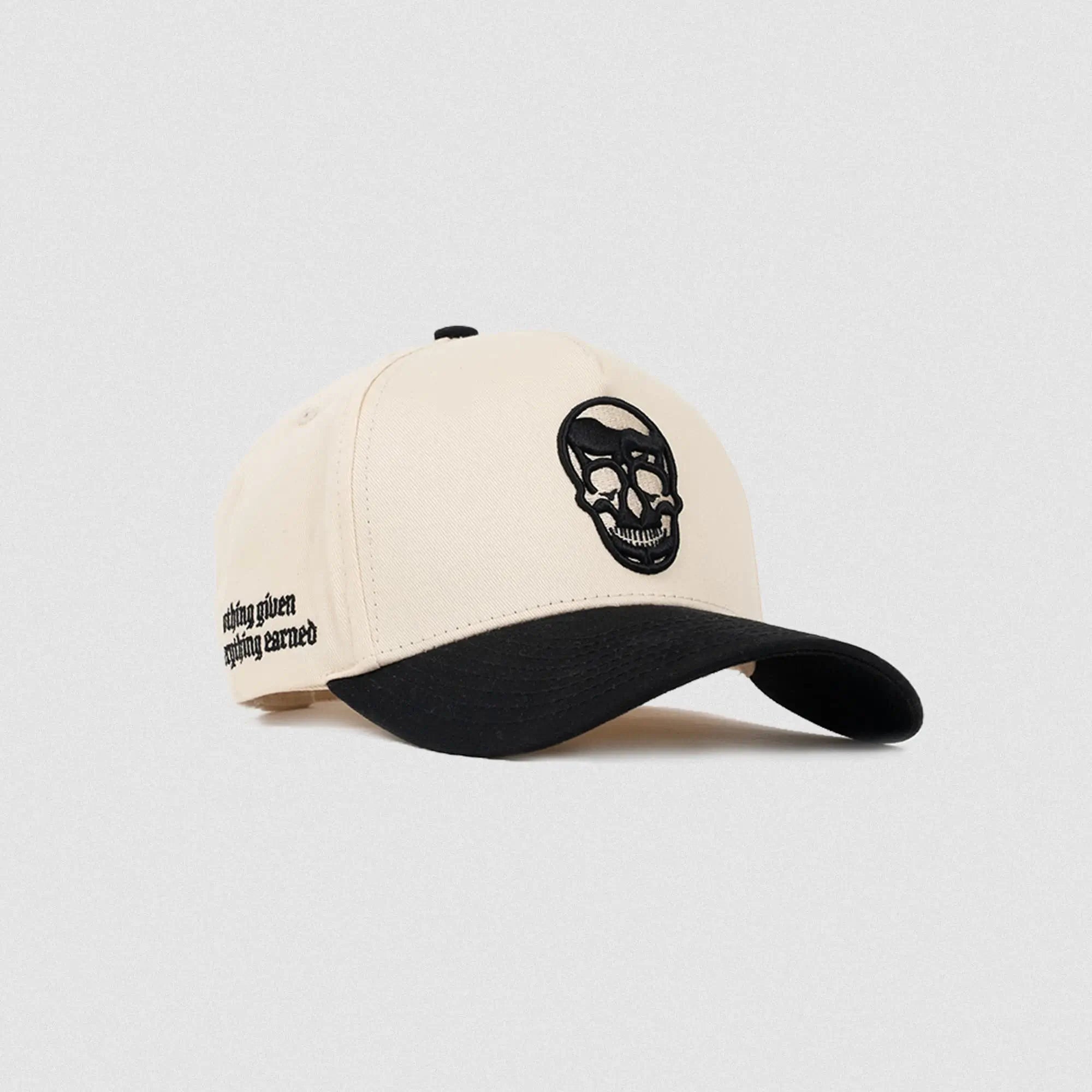 5 panel skull hat cream black front flat