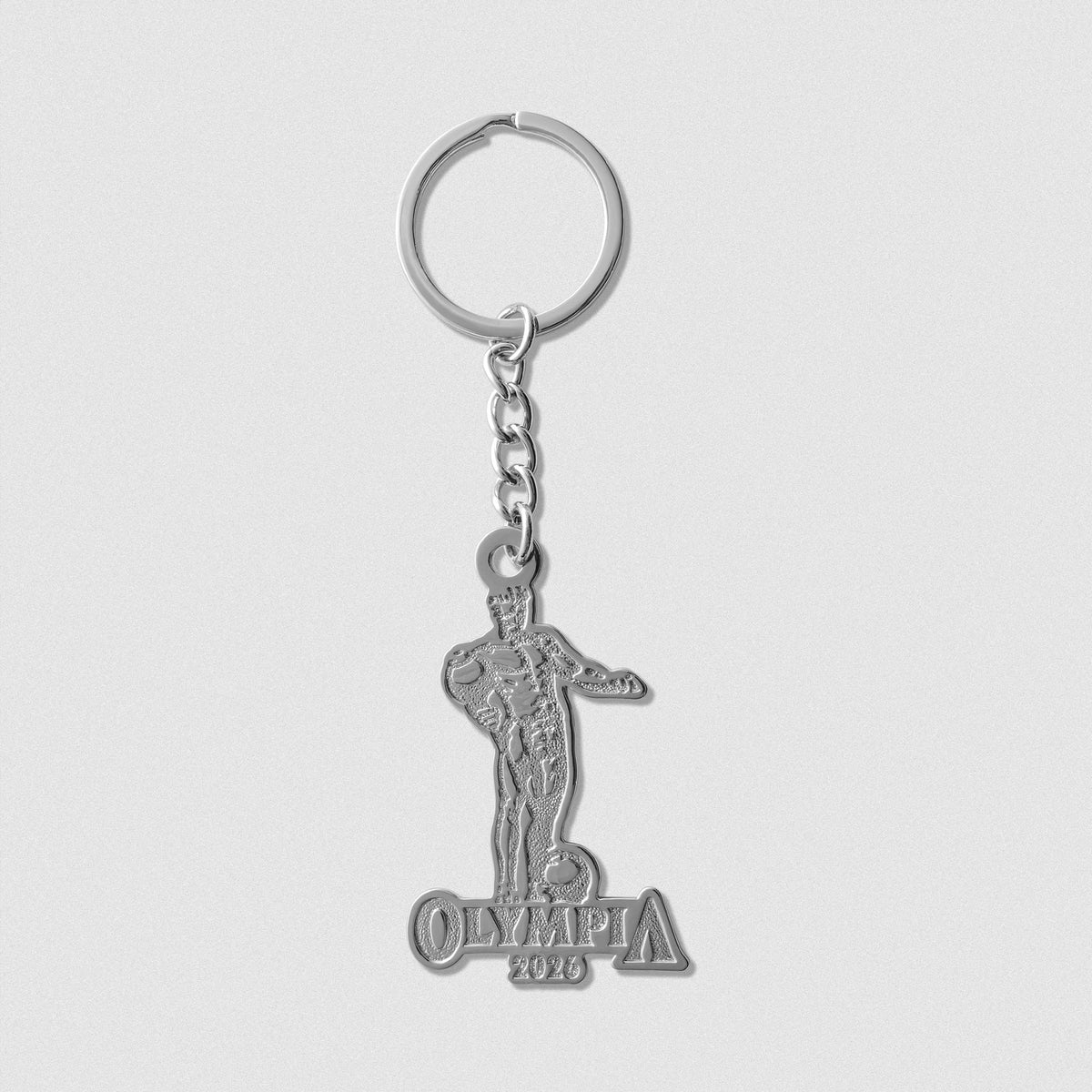 Dimensional Eugene Sandow statue design on silver metal keychain