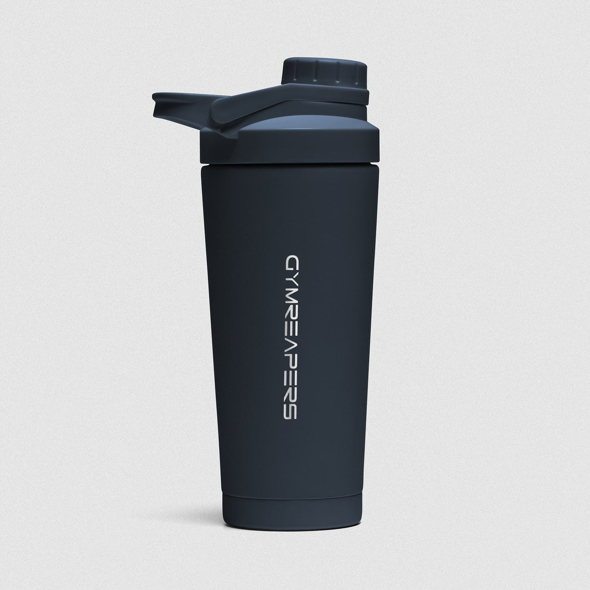 Navy blue Stainless Steel Shaker on white background showcasing Gymreapers engraved wordmark logo