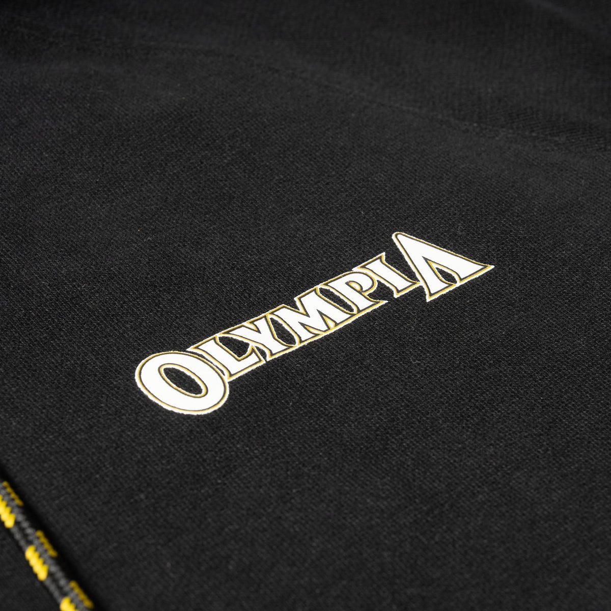 Champions Gold Zip-Up Hoodie | Small "Olympia" wordmark logo on chest in white text and black and gold bordering