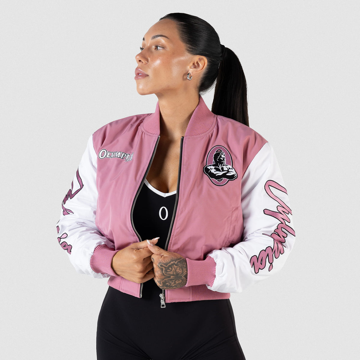 Rose Division Crop Bomber Jacket | Front view on model 