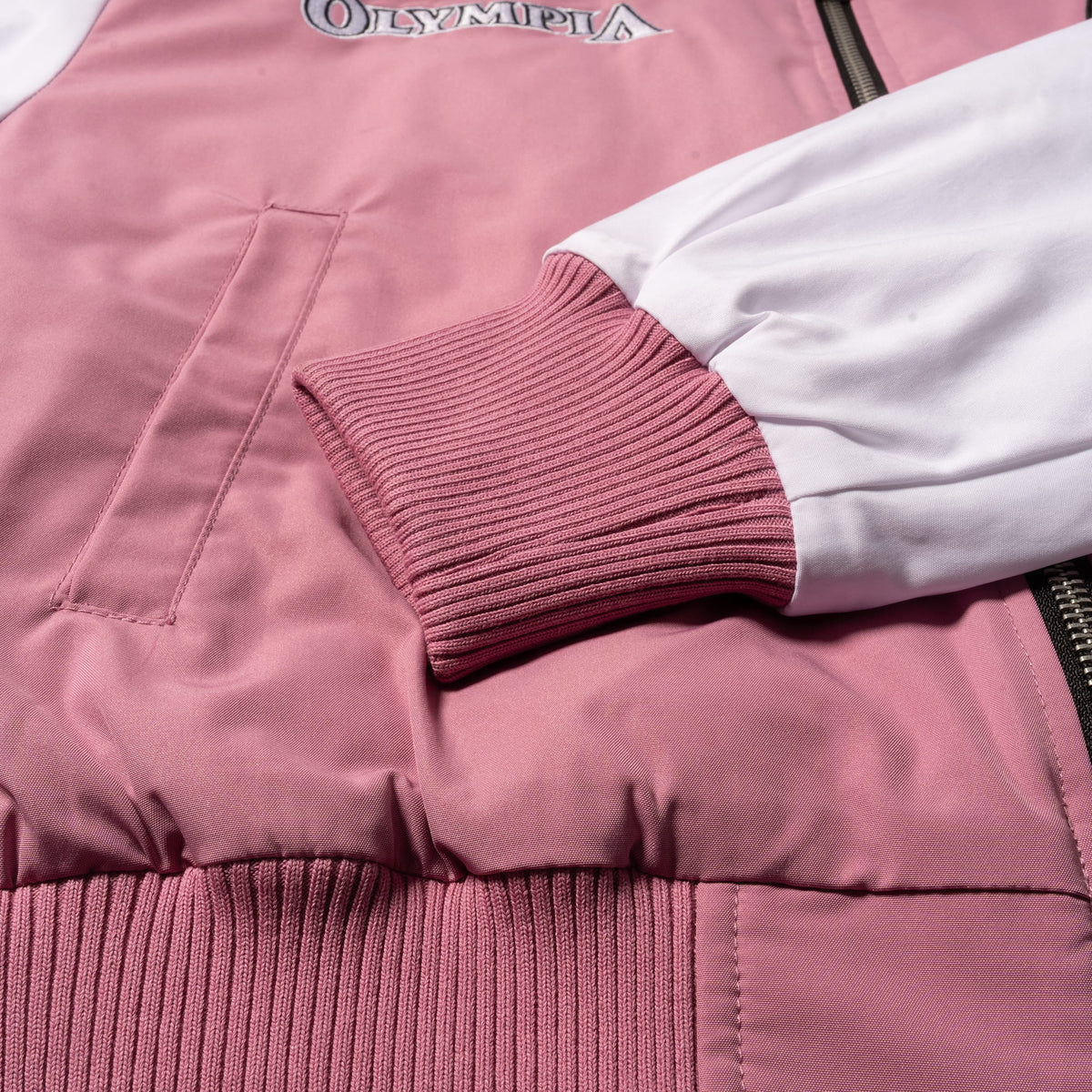 Rose Division Crop Bomber Jacket | Cuffed wrist feature in pink