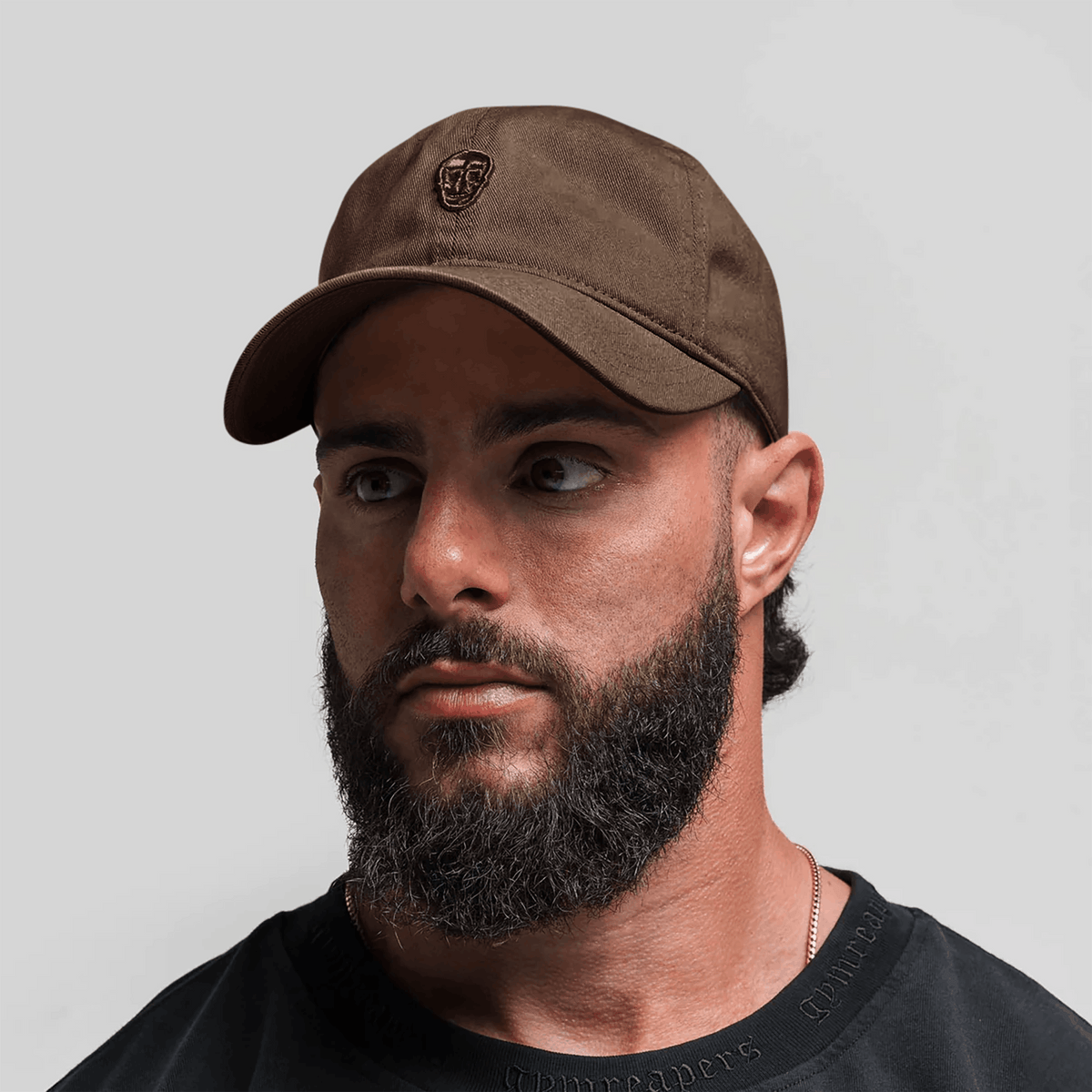 Washed 6-Panel Dad Hat in Brown – On Model, Front View