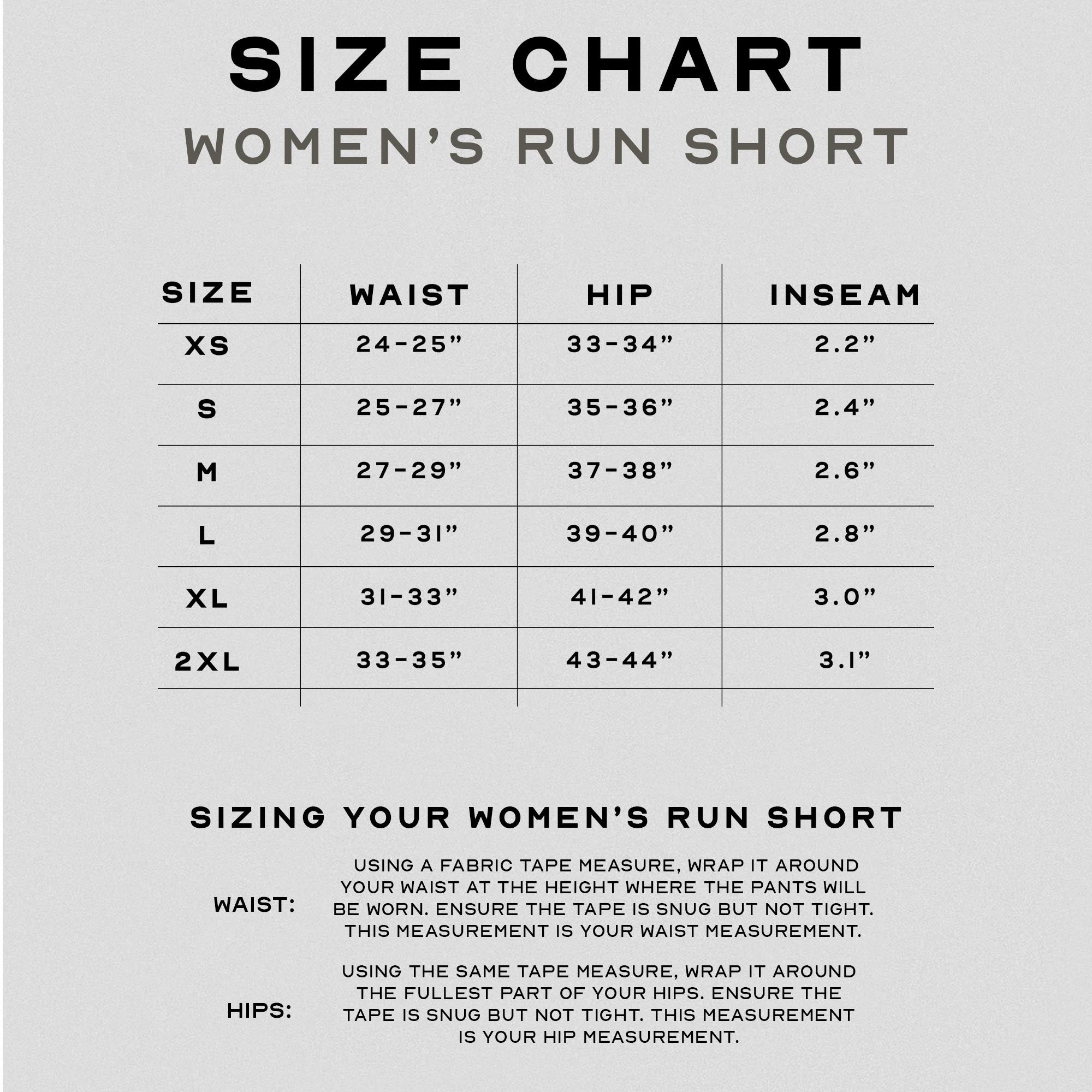 women's run short size chart
