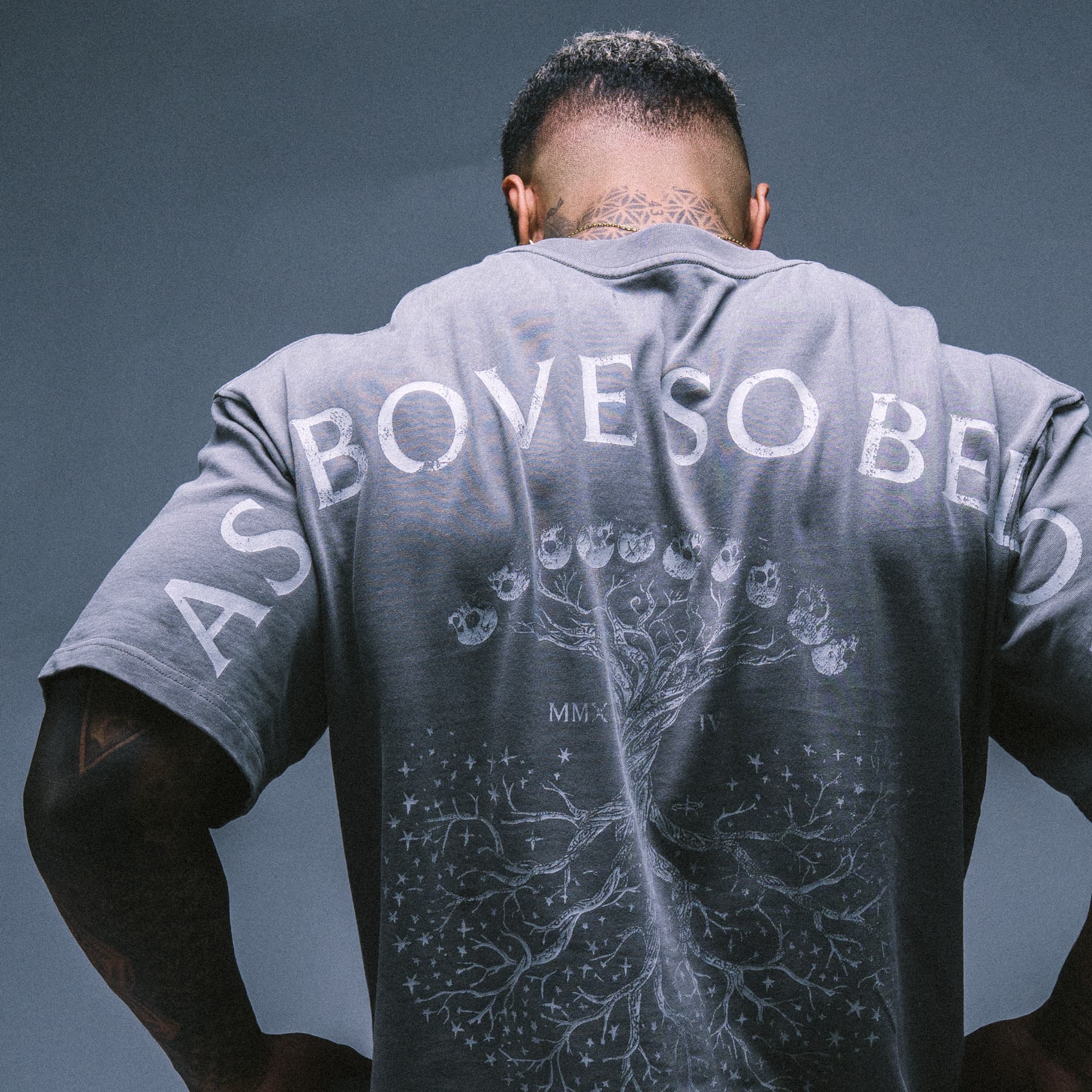 Rear studio shot of the Reflection Graphic Tee being worn, showcasing the bold back graphic across the shoulders.