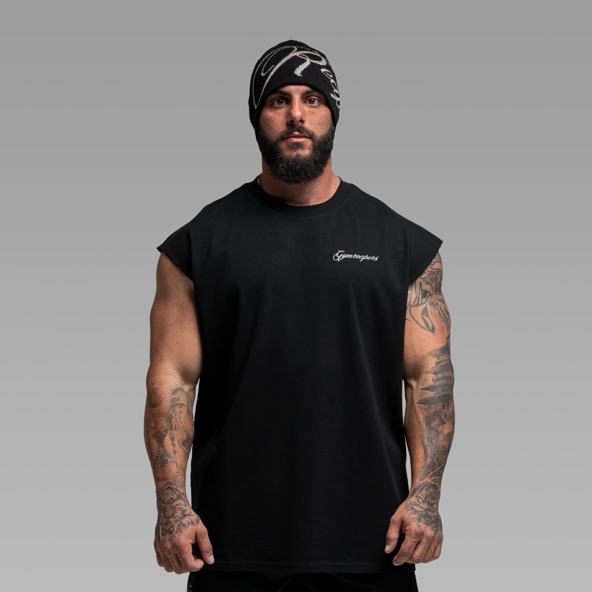 Athlete wearing the Midnight Reaper Cut Off half body shot front view
