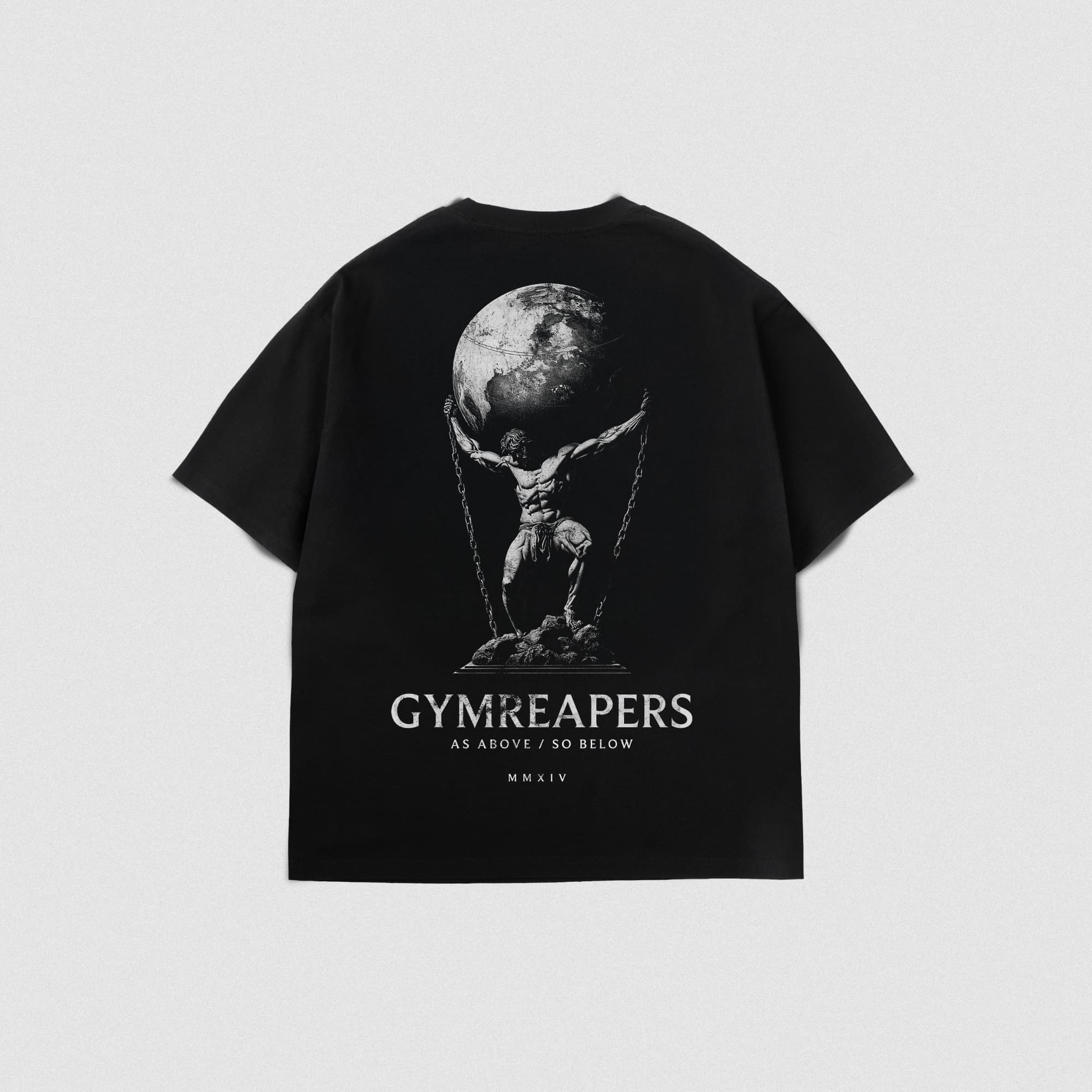 Back view of the As Above So Below Graphic Tee in black, featuring bold oversized artwork of Atlas holding the earth.