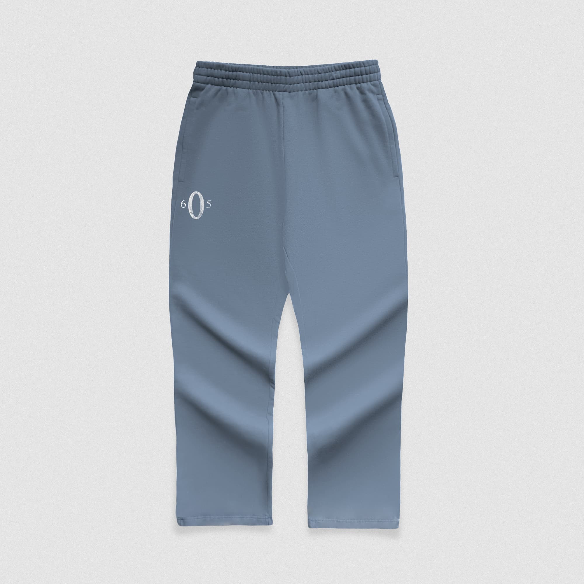 Pale blue Olympia wreath joggers front view with O graphic