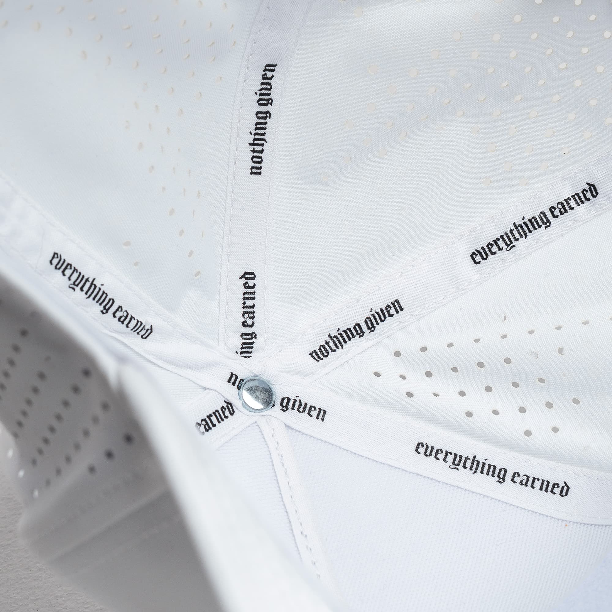 Hybrid Performance 5-Panel Hat - White/White detail shot of inside of hat