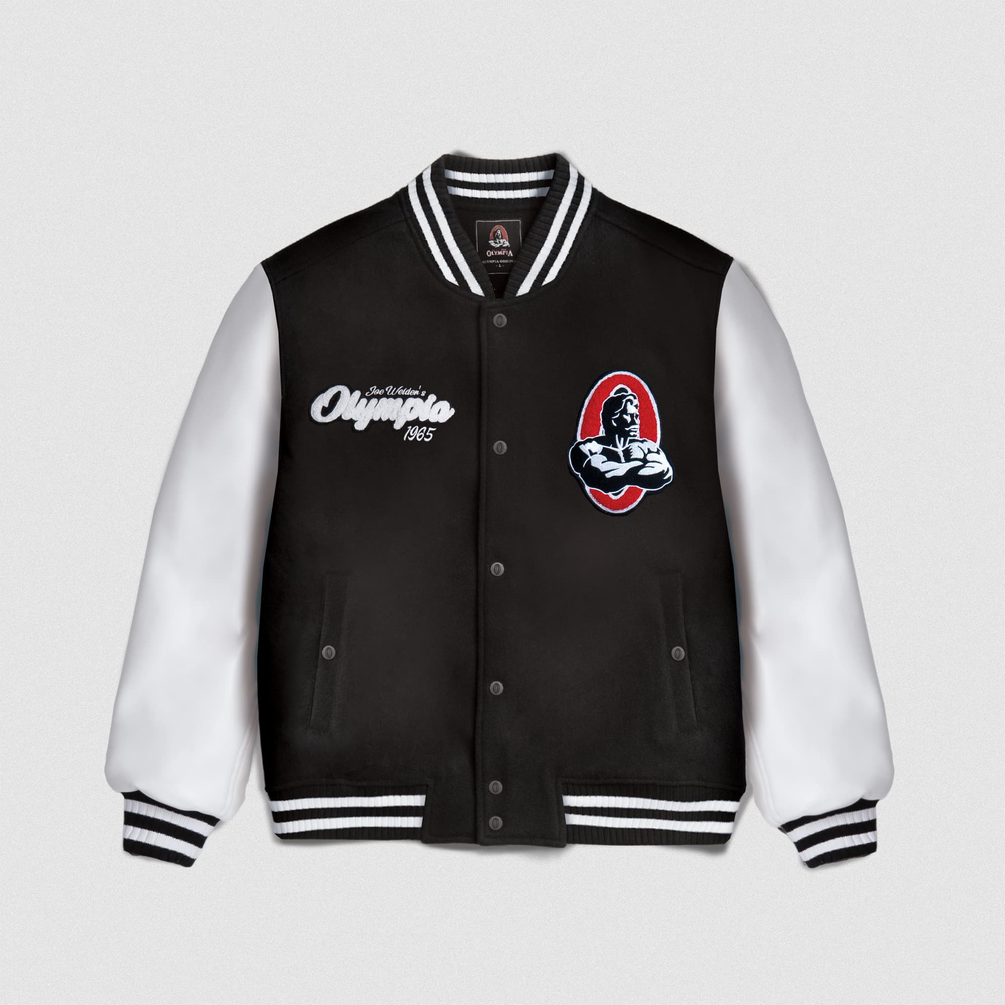 Front view of Mr. O Varsity Jacket with embroidered Olympia crest and Joe Weider’s Olympia 1965 logo on chest.