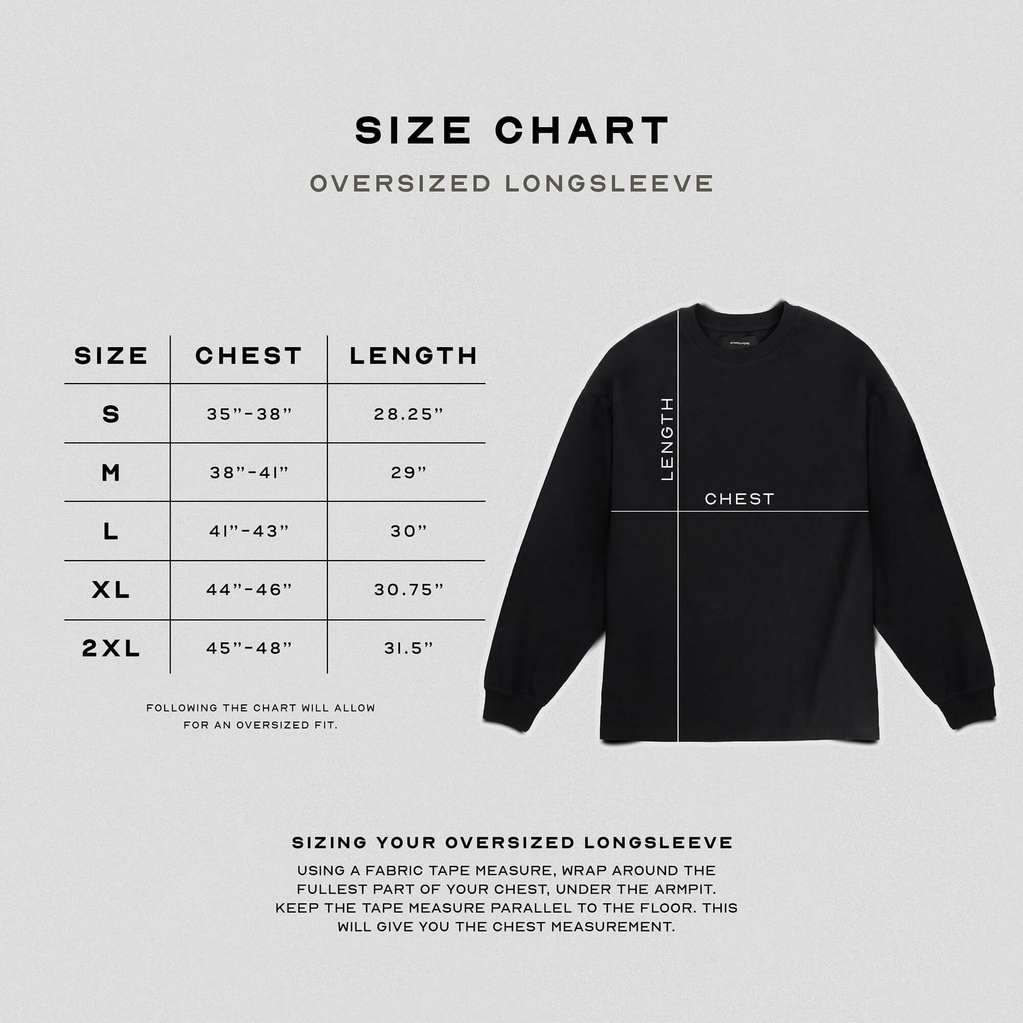 Long sleeve size chart