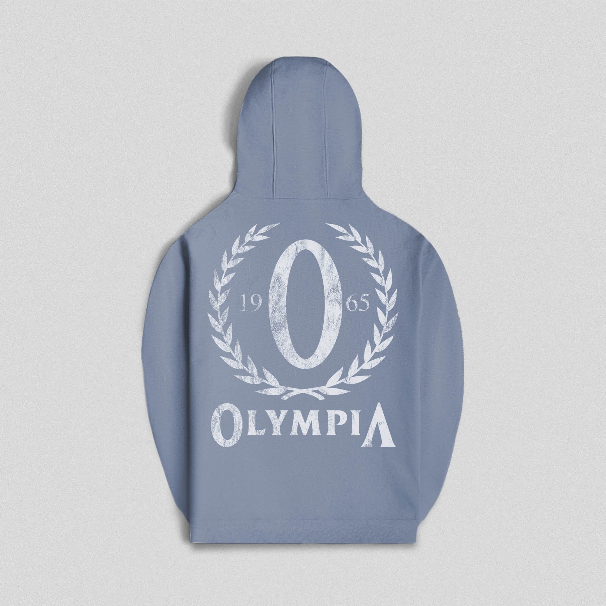 Back view of the pale blue Olympia hoodie featuring a large distressed white "O" emblem with laurel wreath and "1965" text.