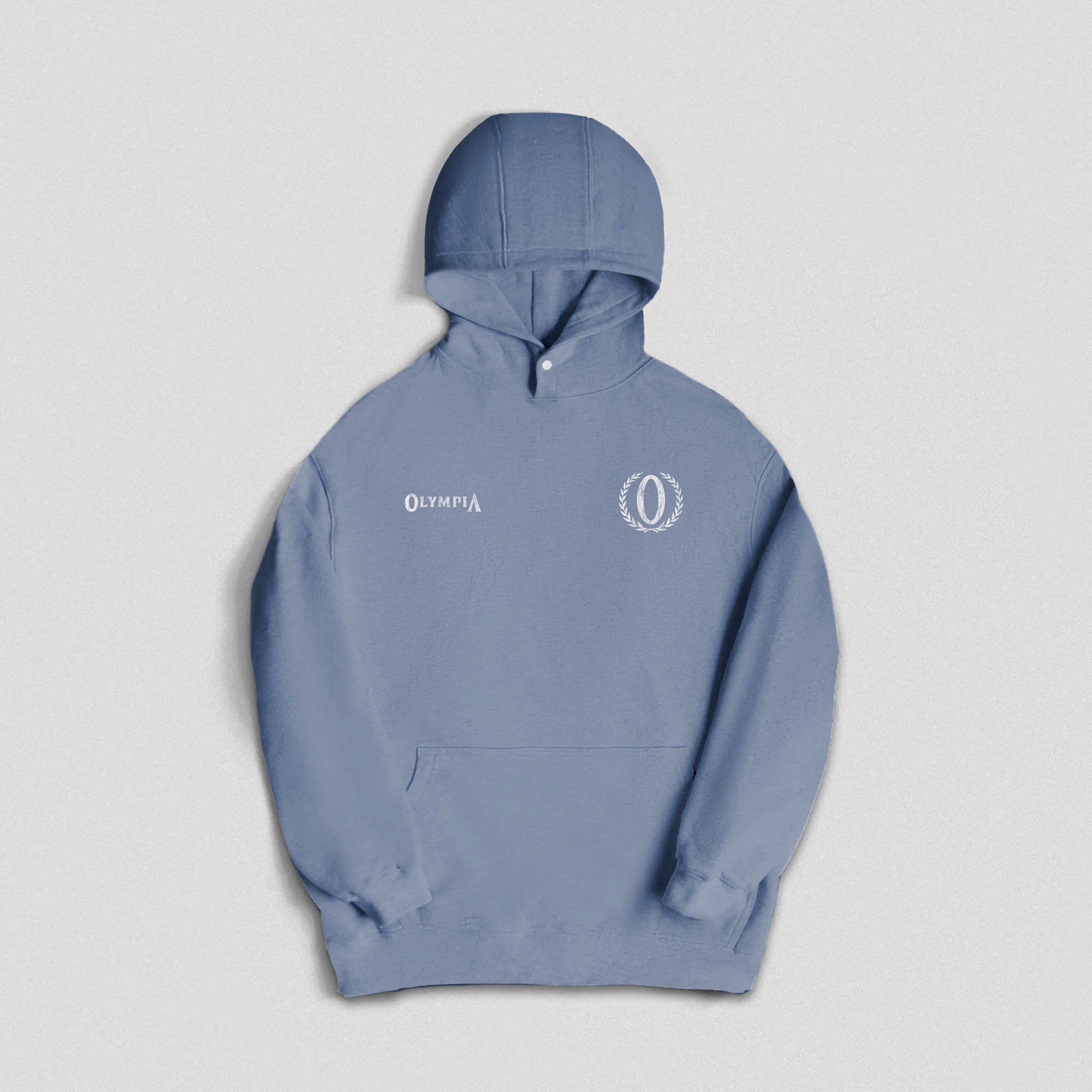 Front view of the pale blue Olympia hoodie with small chest logos including "Olympia" text and laurel "O" crest.