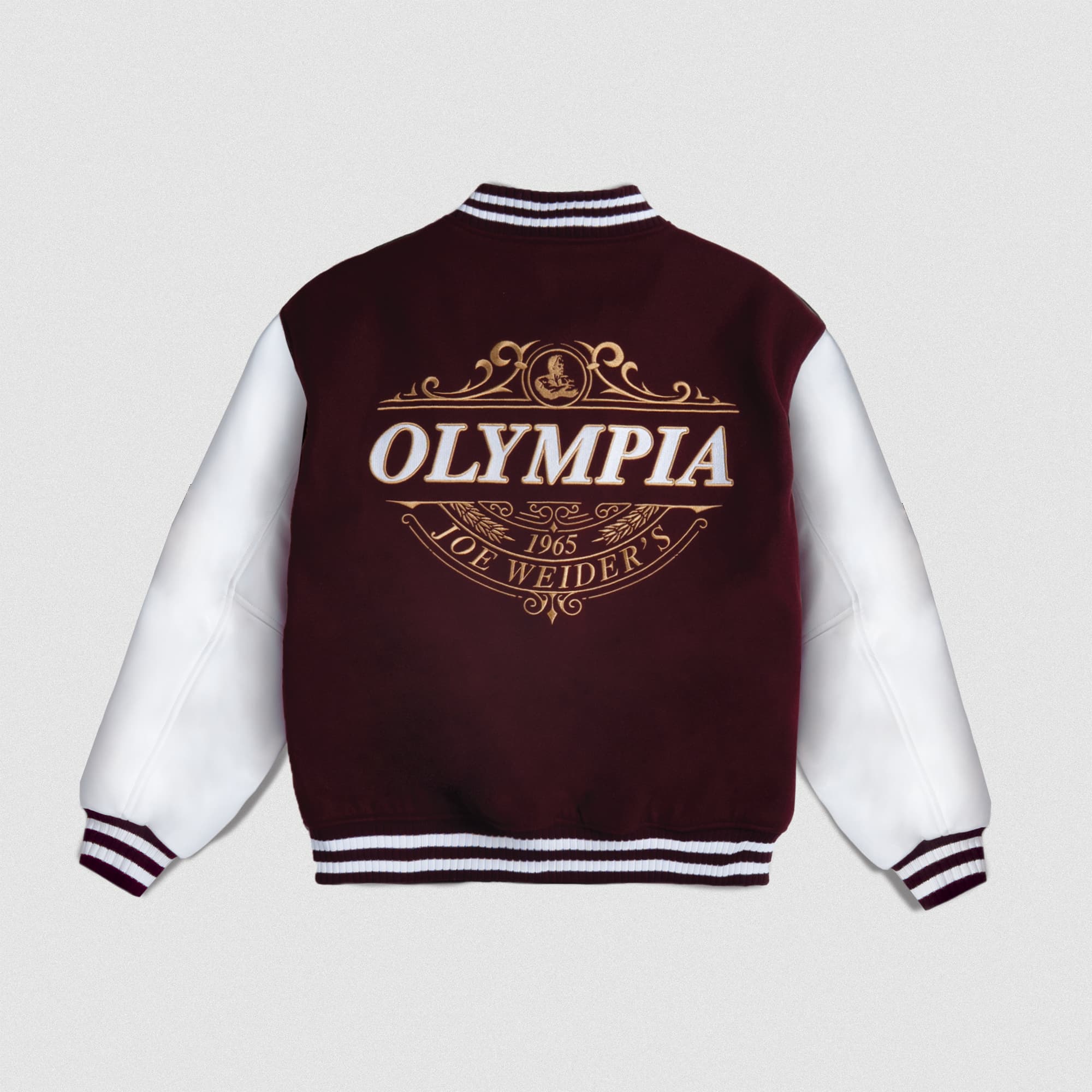 Back view of the Royal O Varsity Jacket with burgundy body, white sleeves, and large gold Olympia crest embroidered across the back.
