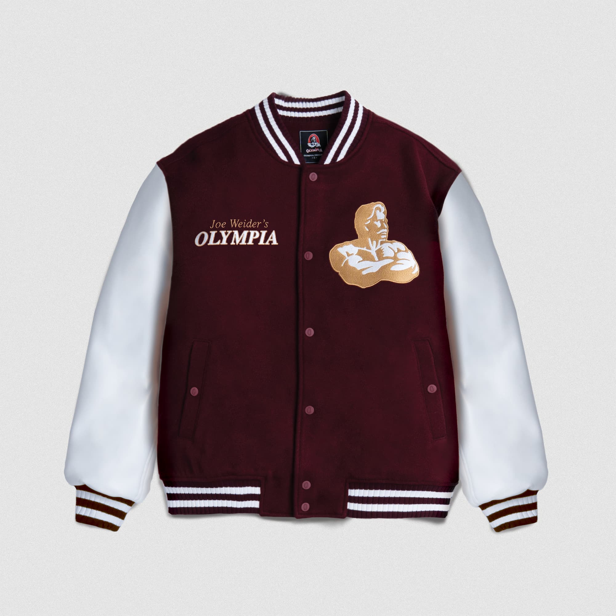 Front view of the Royal O Varsity Jacket featuring gold Olympia logo on left chest and embroidered bodybuilder crest on right chest.