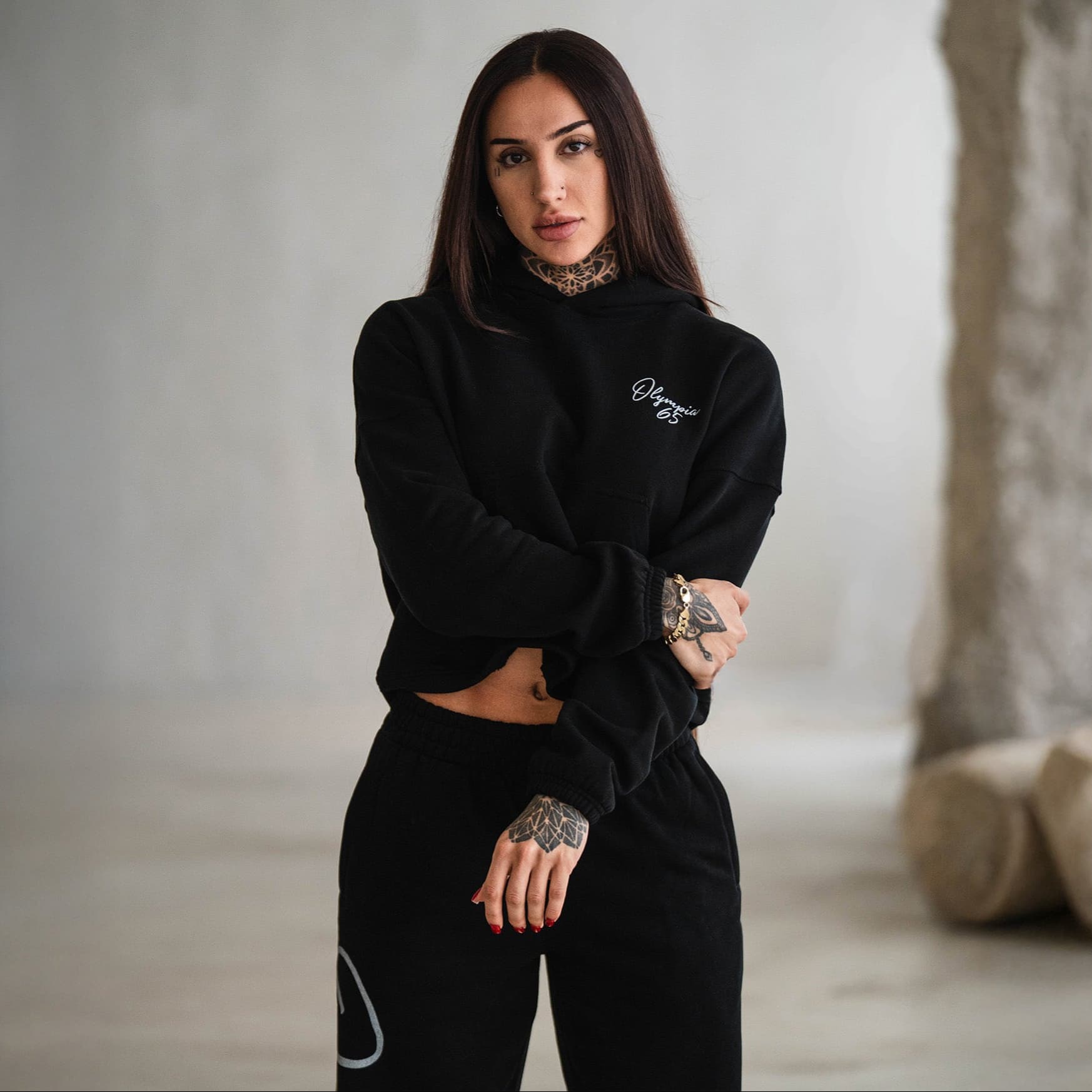 Olympia Script Cropped Hoodie front view
