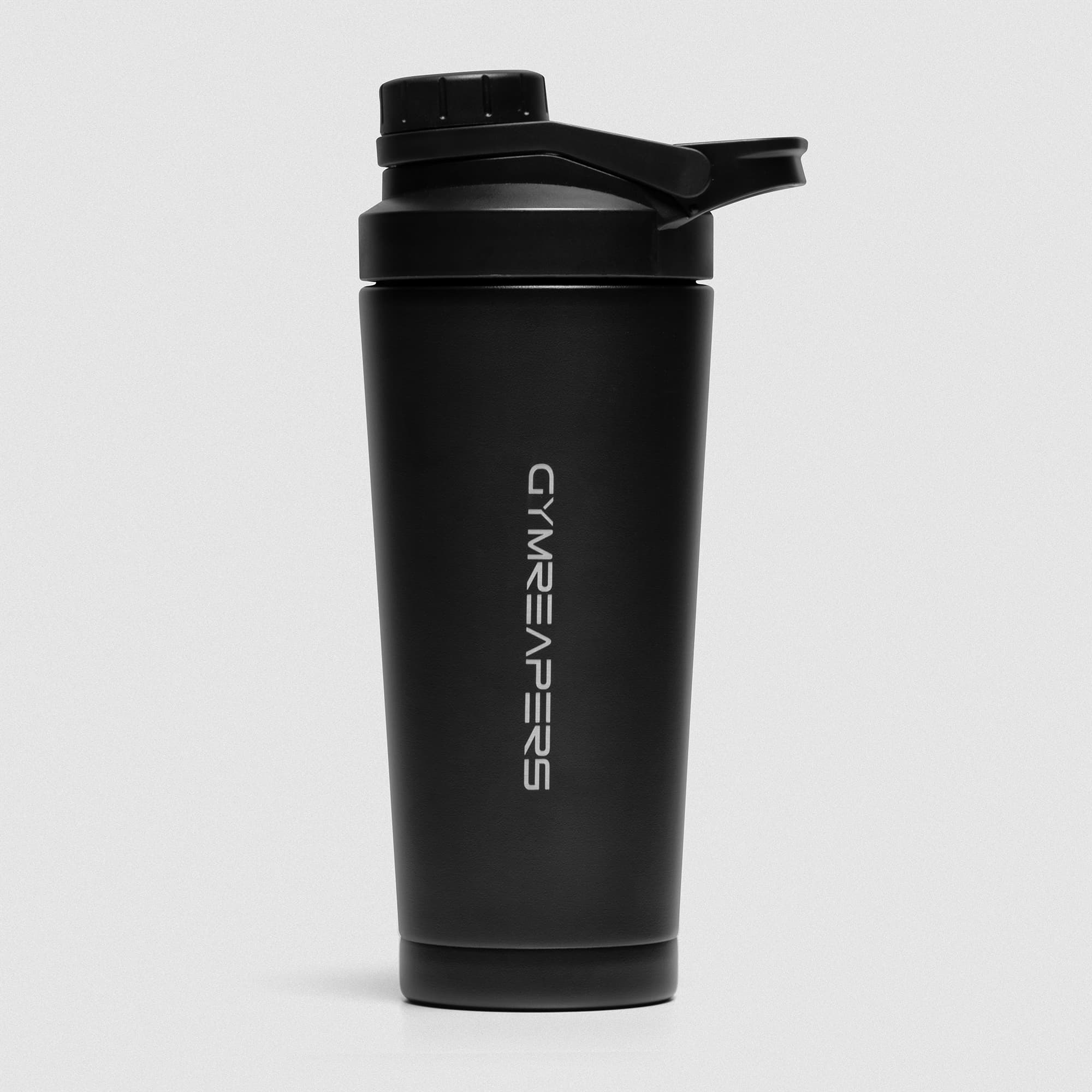 Black Stainless Steel Shaker studio shot showcasing Gymreapers engraved logo