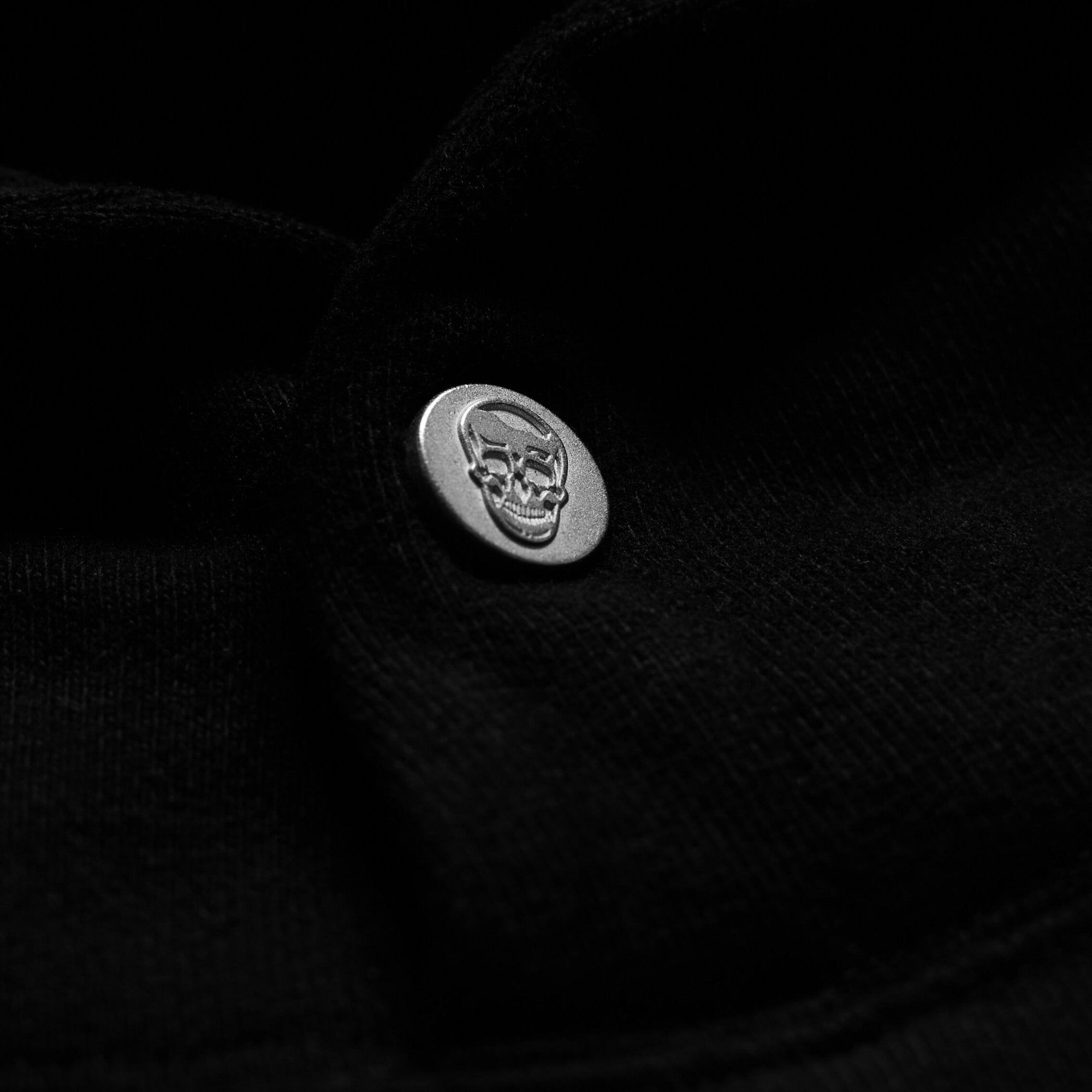 heavy weight hoodie black white button up skull detail