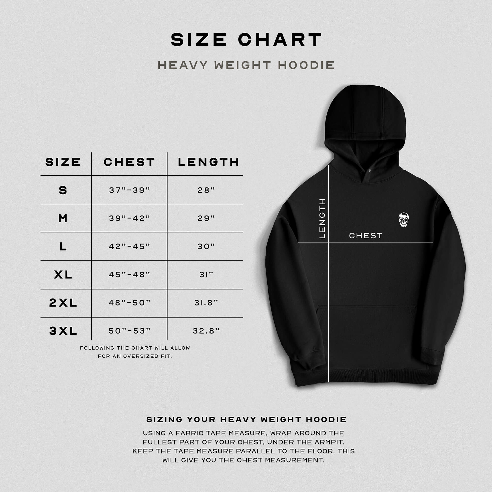 heavy weight hoodie black white size guide