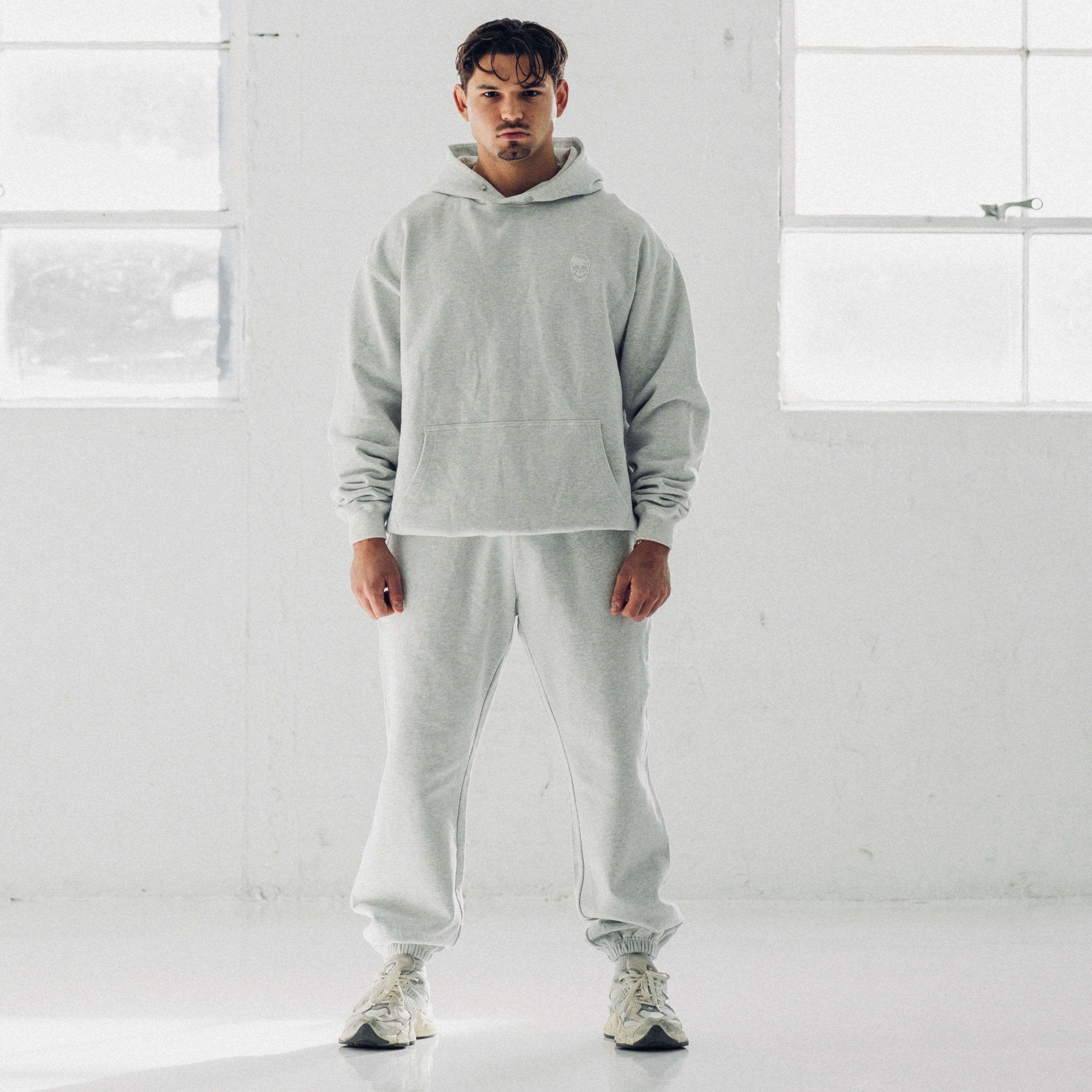 light heather gray heavy weight jogger full view lifestyle