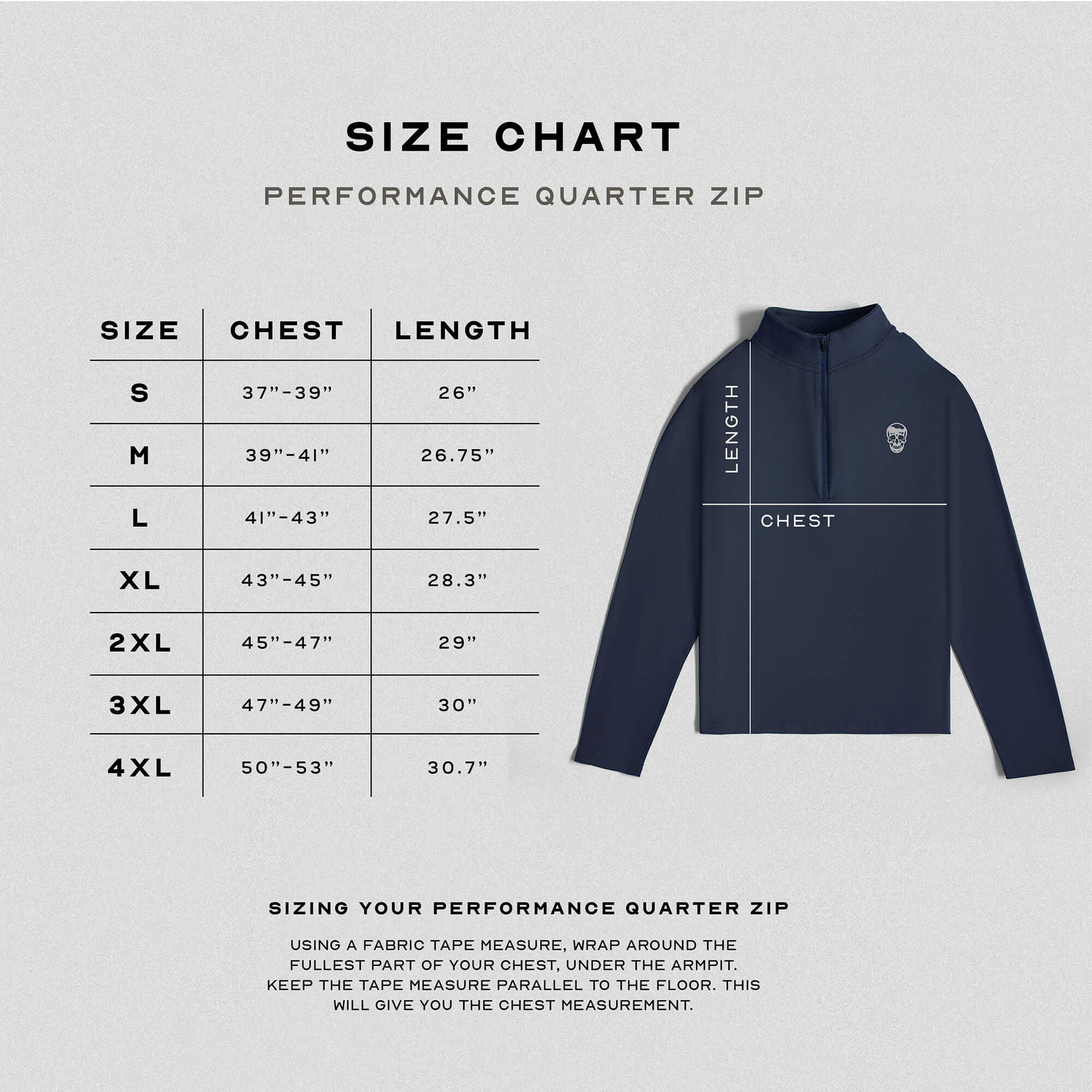 navy quarter zip size guide