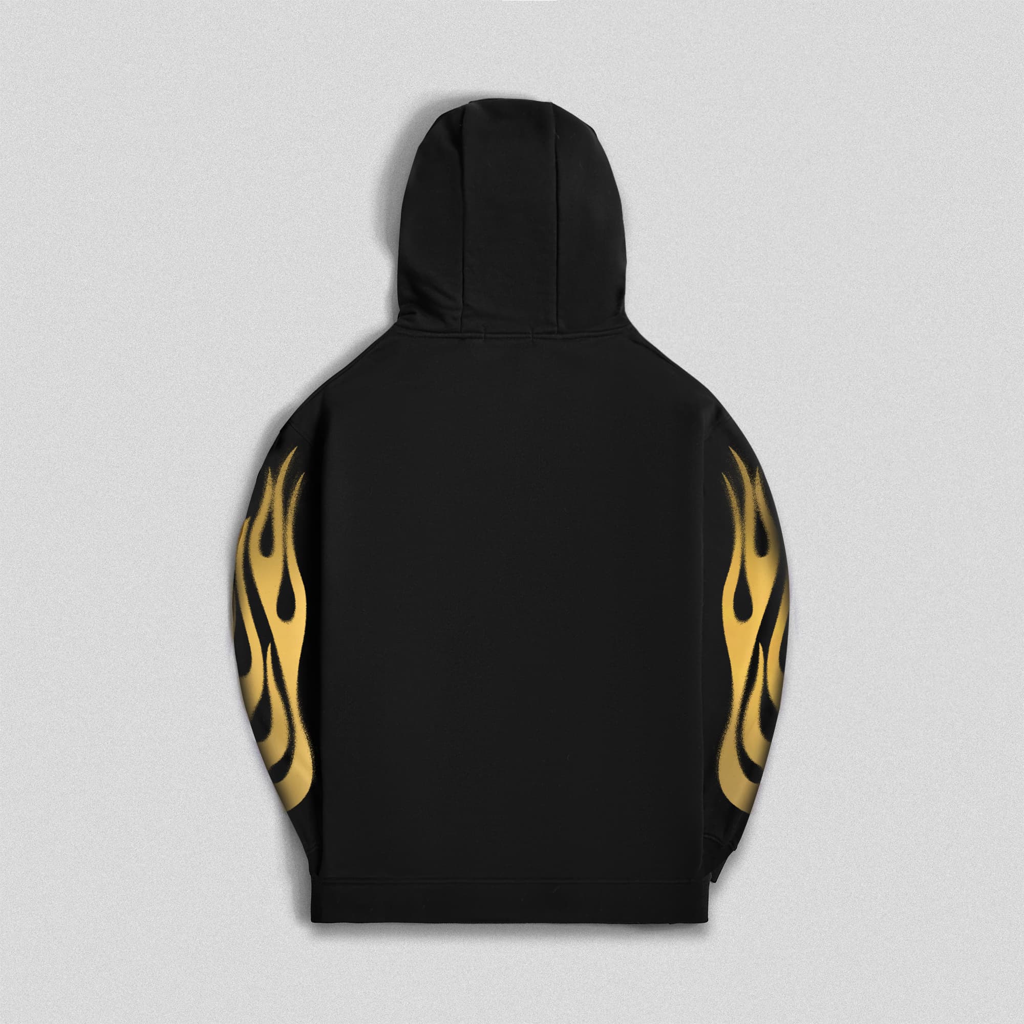 Back product shot of the Ring of Fire Zip-Up Hoodie with bold gold flame graphics on both sleeves