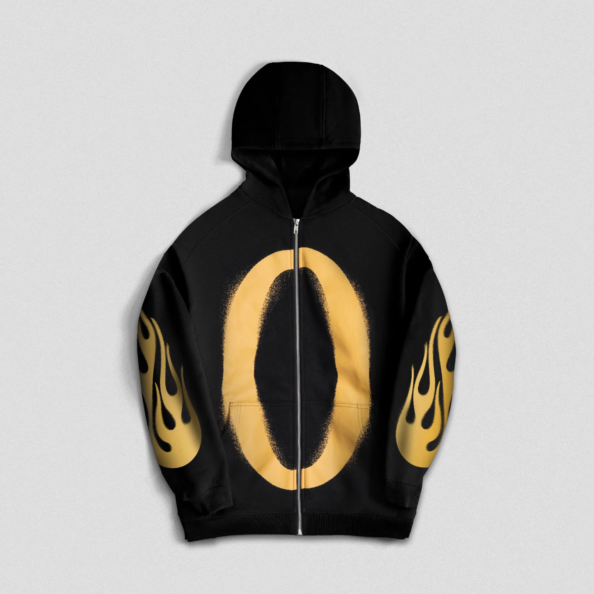 Front product shot of the Ring of Fire Zip-Up Hoodie featuring oversized gold “O” graphic and flame sleeve detailing